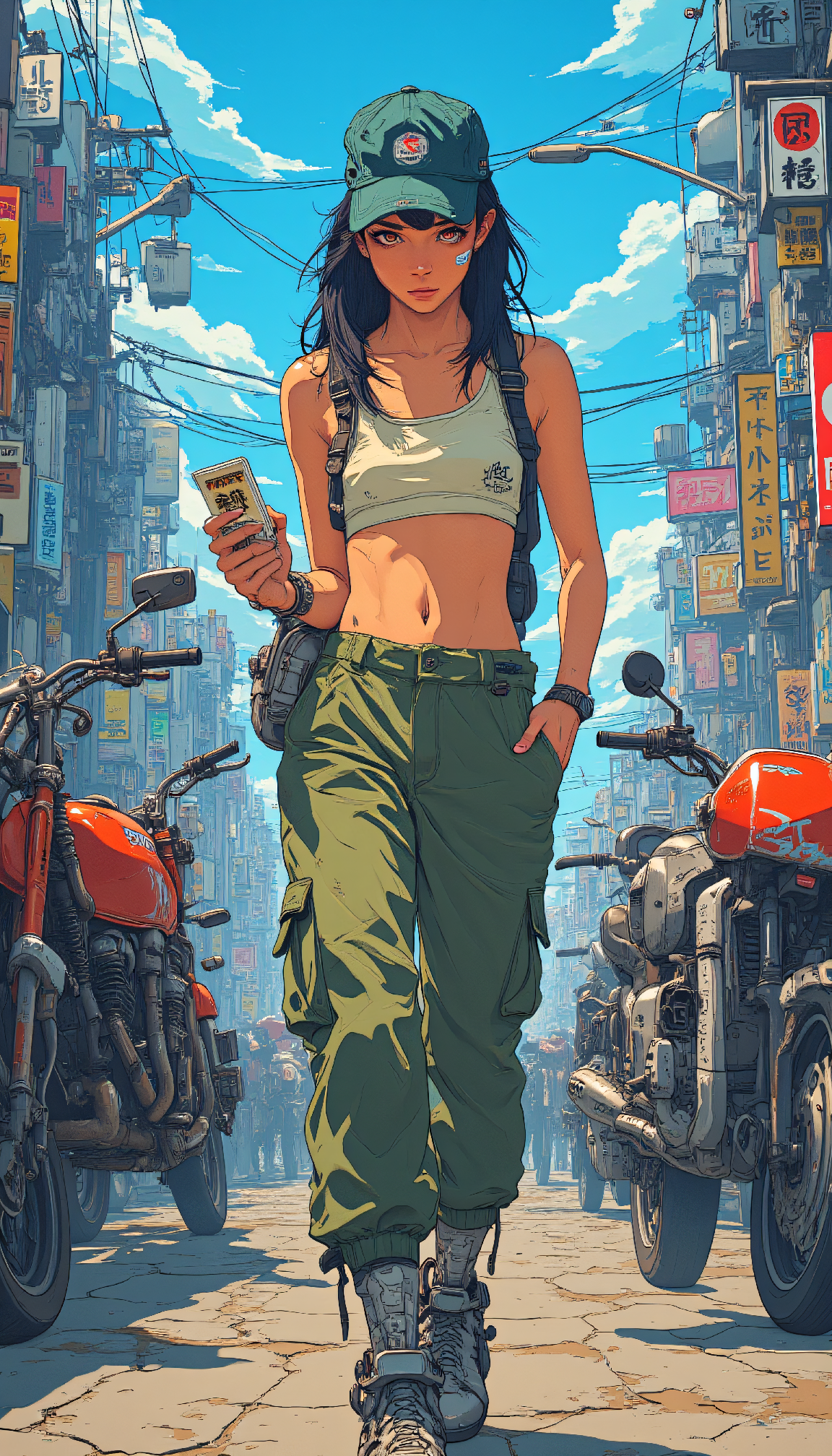 FLUX prompt: anime artwork A dystopian water courier counts her ration cards in a marketplace...