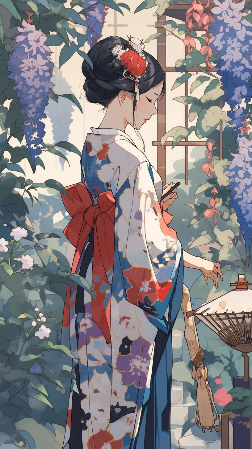 Midjourney prompt: Tracking Shot of a vibrant photograph of a graceful geisha from the Edo Dynasty ...