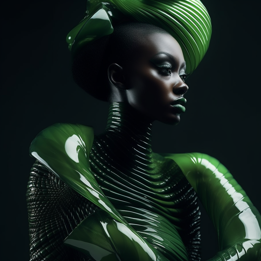 Midjourney prompt: Serious black female model, looking diagonally, dressed in extravagant and vangu...