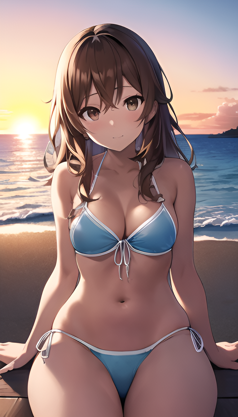 Stable Diffusion prompt: An anime girl relaxing at the beach, beach, tides, beautiful sunset sky, beach s...