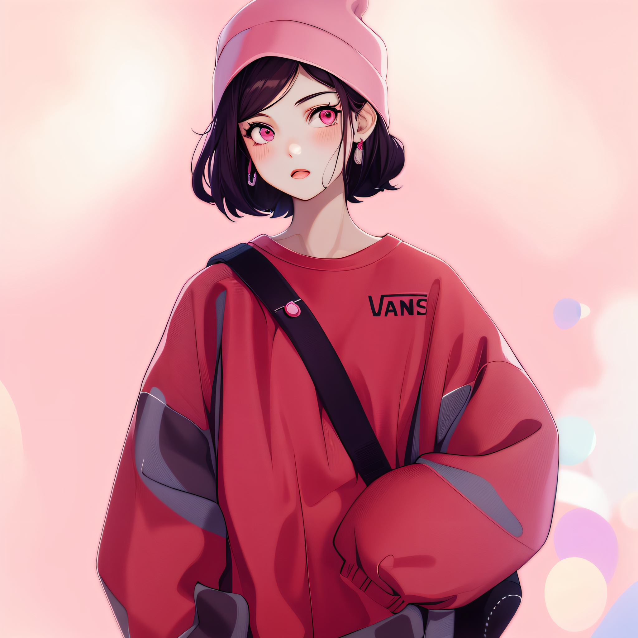 LOFI prompt: anime girl with a pink shirt and a red hat, urban girl fanart, anime style illus...
