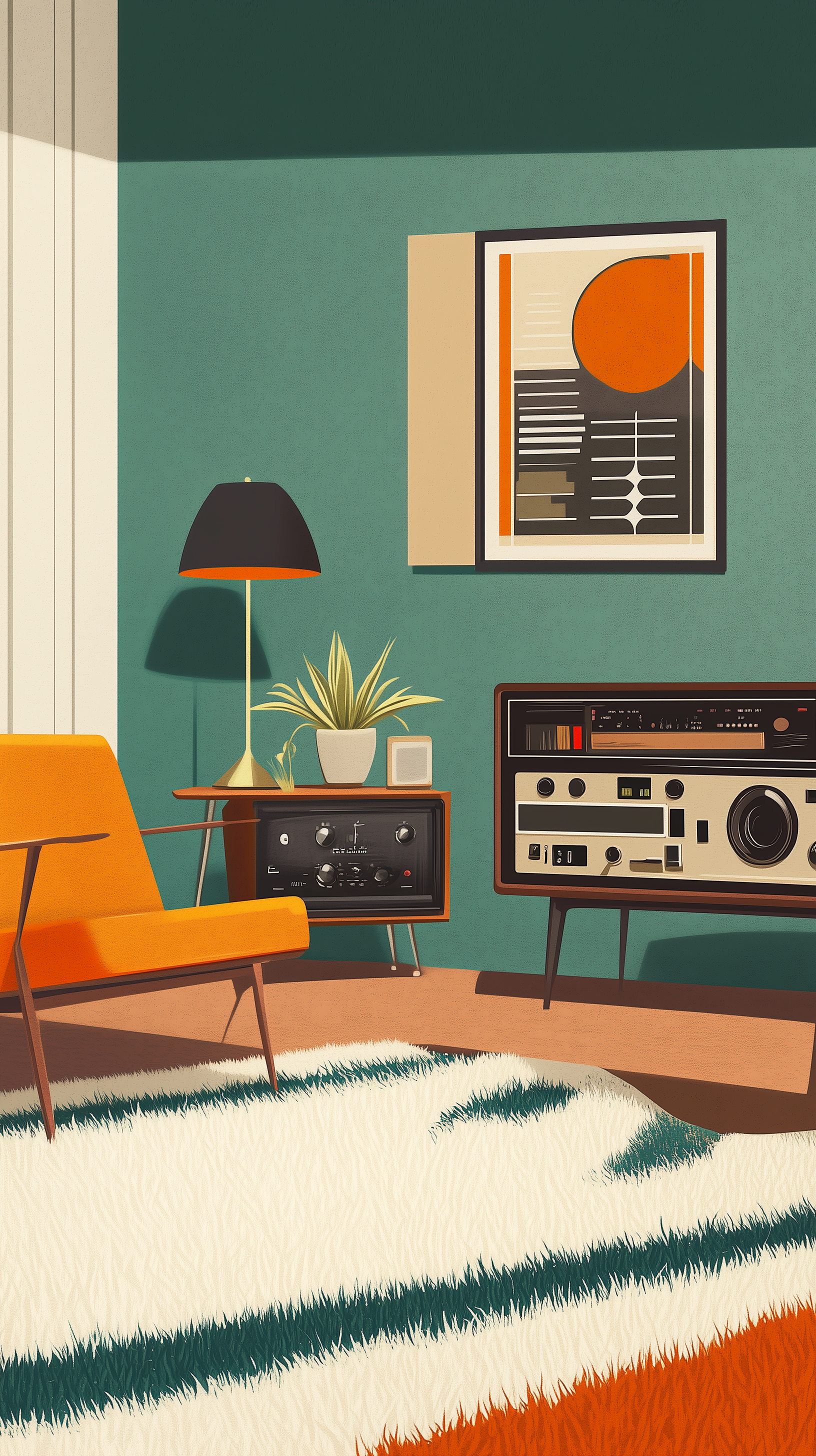 Midjourney prompt: retro-inspired lounge with shaggy rugs, vintage stereo, mid-century furniture, u...