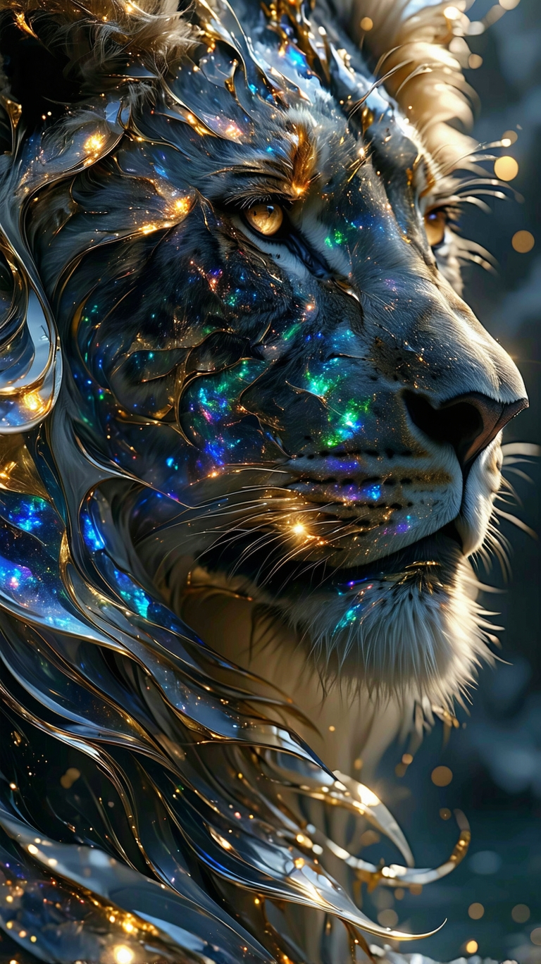 Stable Diffusion prompt: hyper-realistic gold, opal quartz, neon hues, silver holographic reflections, an...