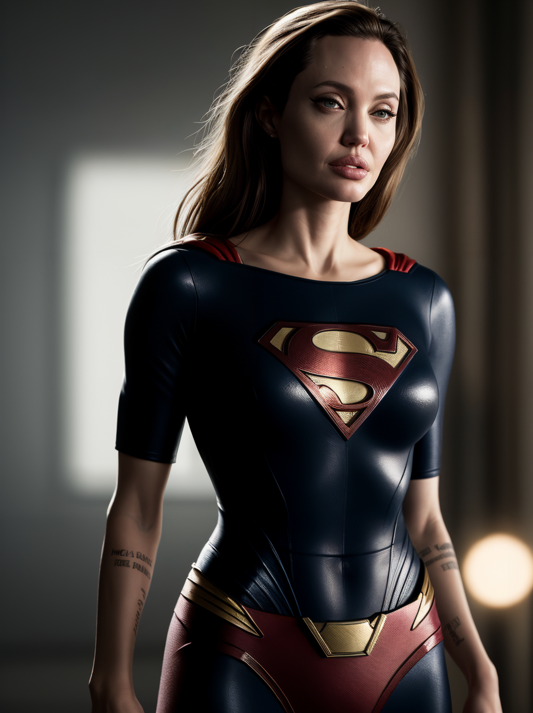Stable Diffusion prompt: Angelina Jolie in superman costume, ((Impressive)), ((Unforgettable)), ((Mind-bl...