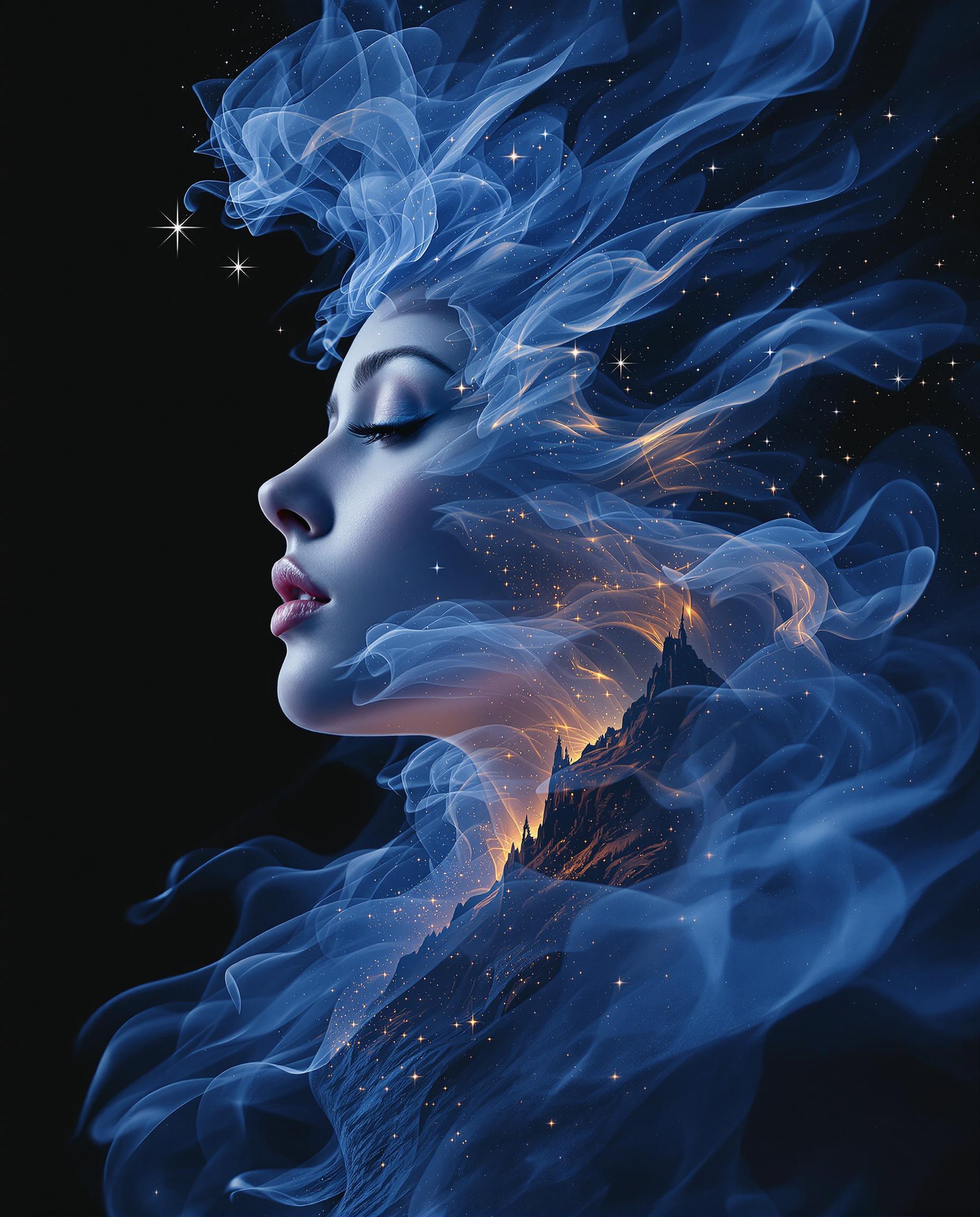 FLUX prompt: surreal semi realistic landscape photograph, cool blue light to dark gradients, ...