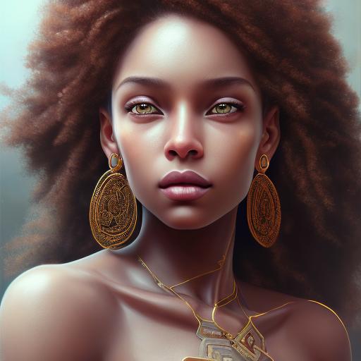 Openjourney prompt: female, brown skin,stunning,curly hair, brown eyes, earrings, high detail graphi...
