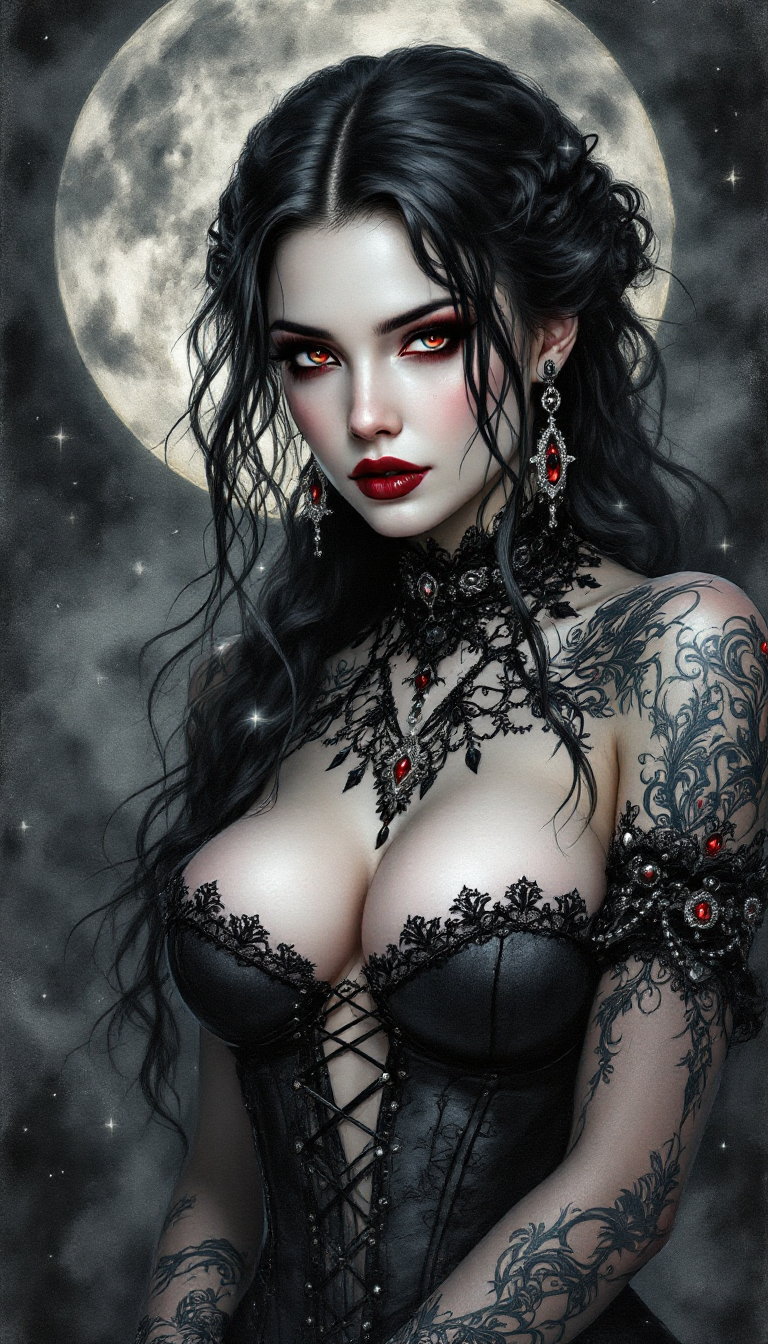 FLUX prompt: Envision a captivating watercolor portrait of a mesmerizing gothic goddess, her ...