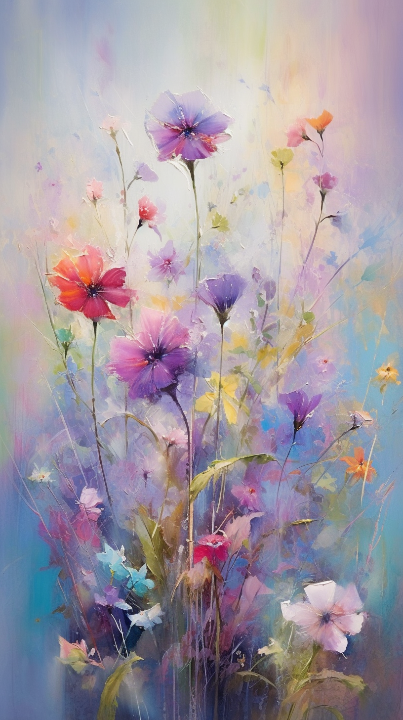 Midjourney prompt: Abstract painting of vibrant flowers with pink and purple petals and green stems...