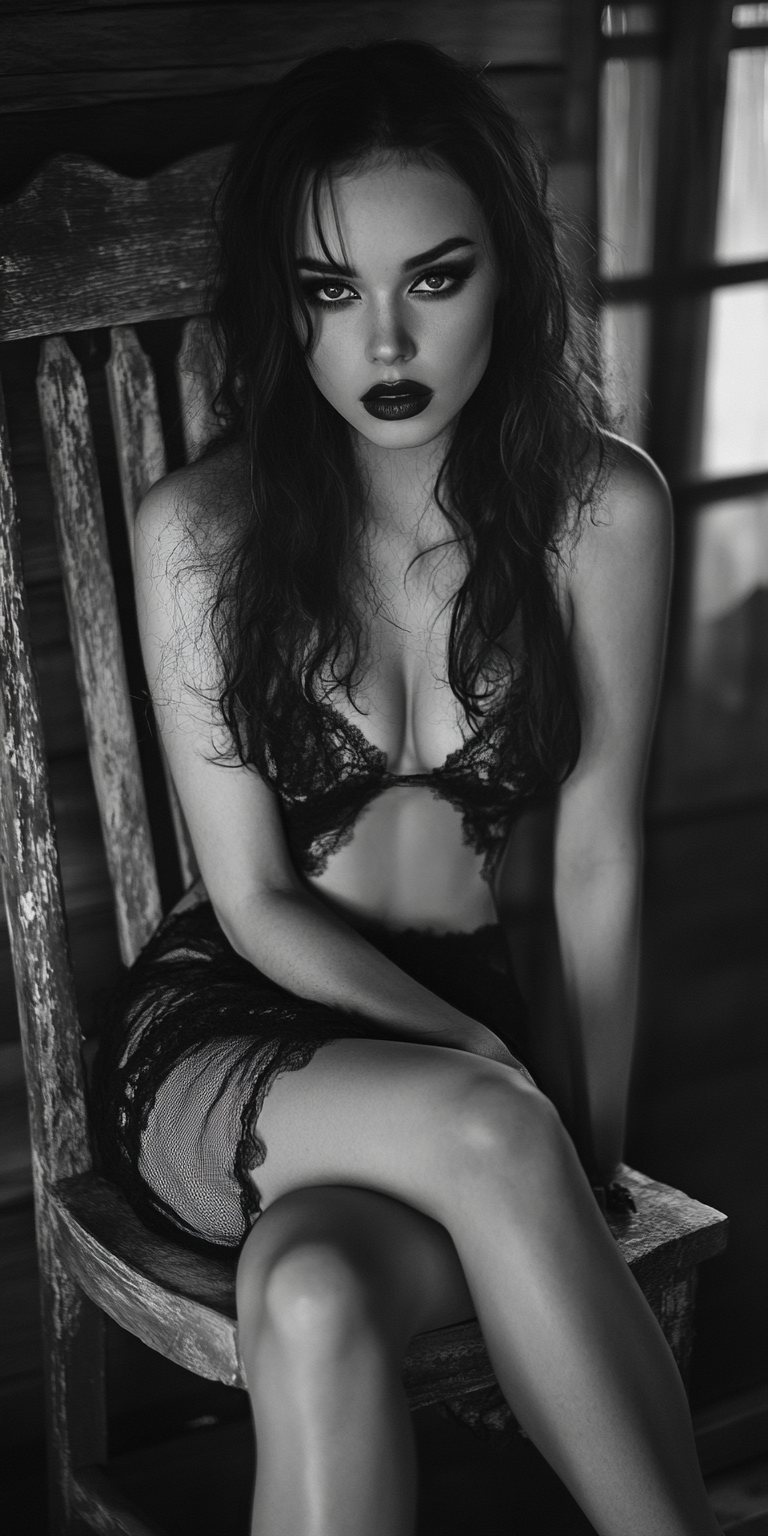 Midjourney prompt: In a black and white portrait, A woman with dark makeup and long hair sits on a ...