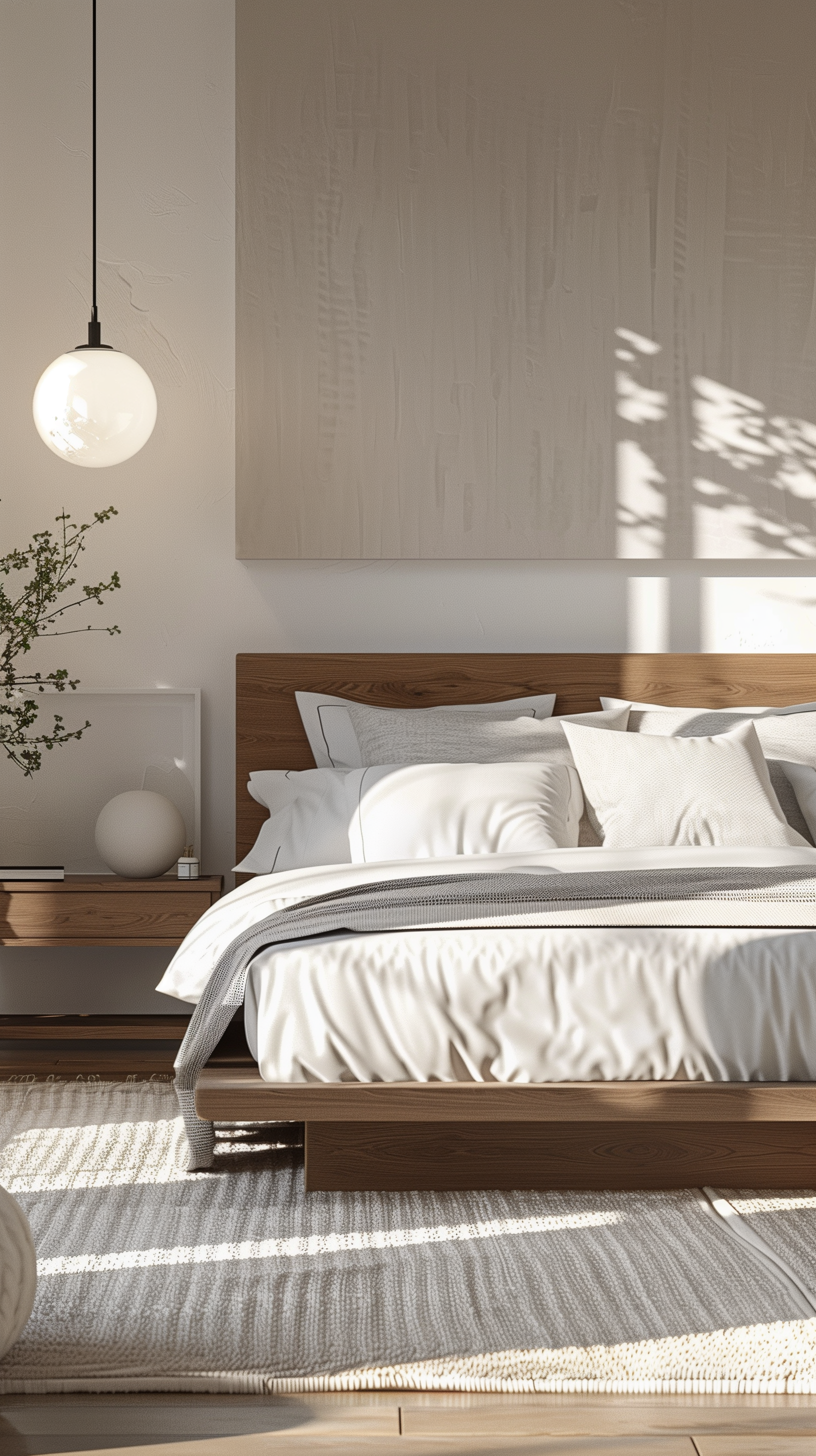 Midjourney prompt: create an image of a contemporary bedroom with a large bed centered in the room,...