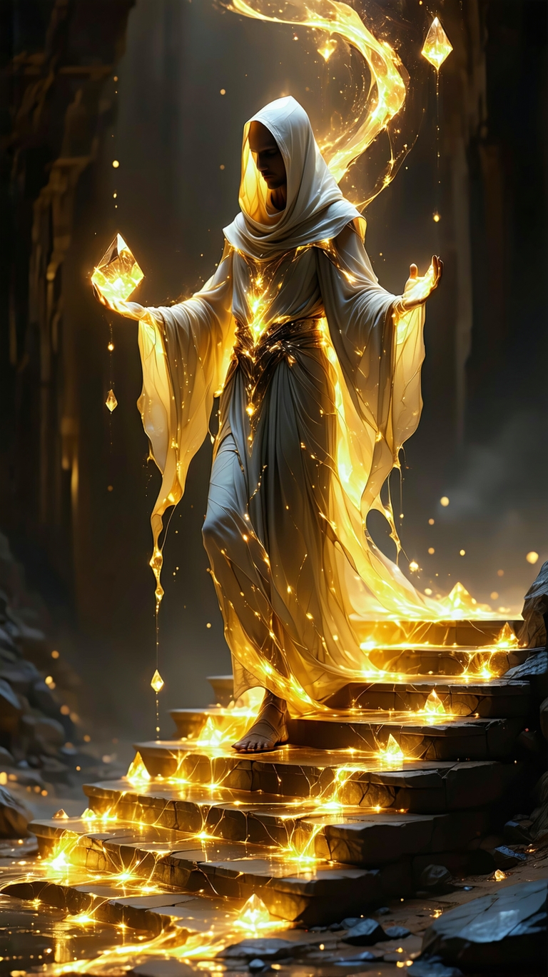 Stable Diffusion prompt: A luminous golden guardian, their form woven from celestial silk and cosmic ener...