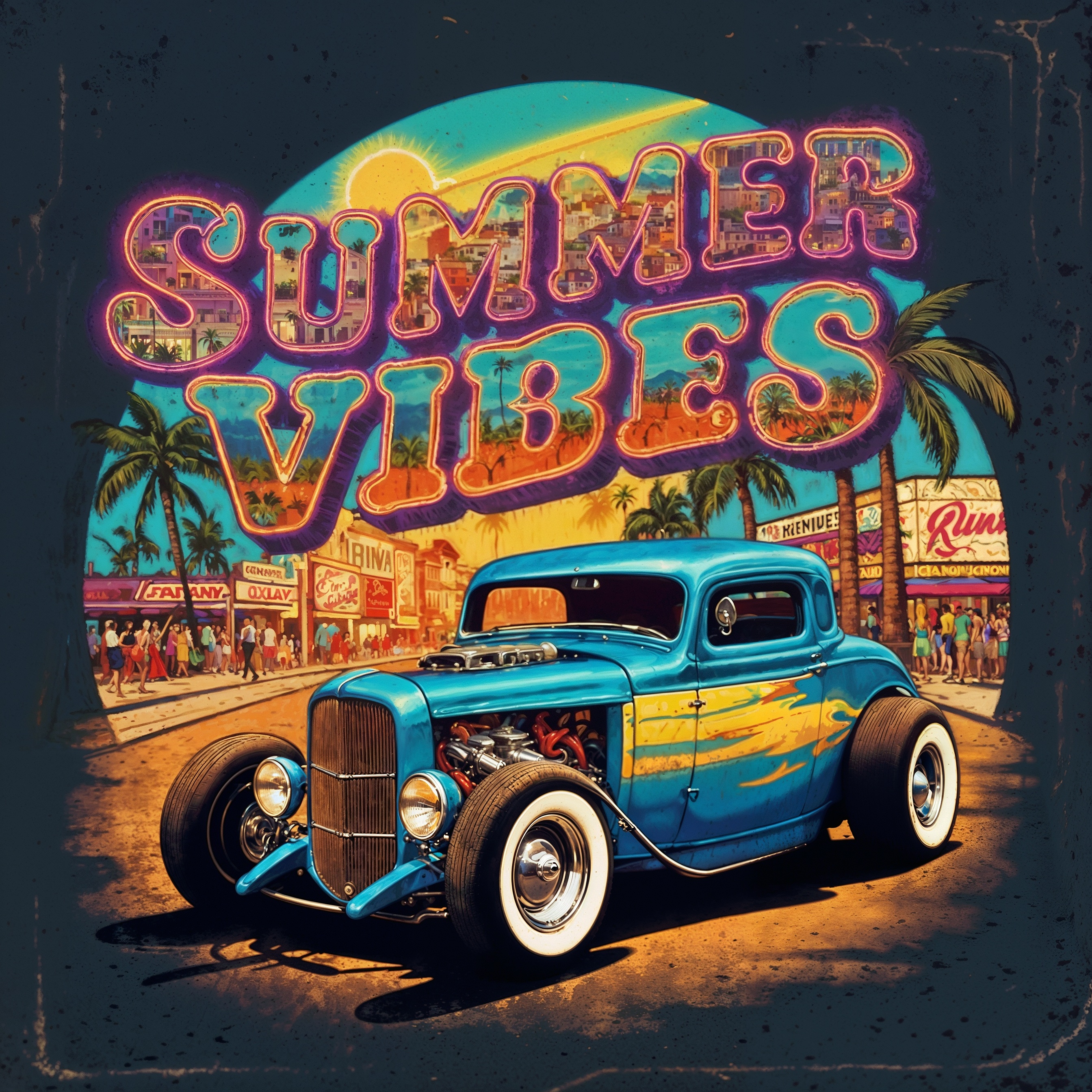 SD XL prompt: A vibrant custom illustration featuring a vintage hot rod, cruising along a sunn...