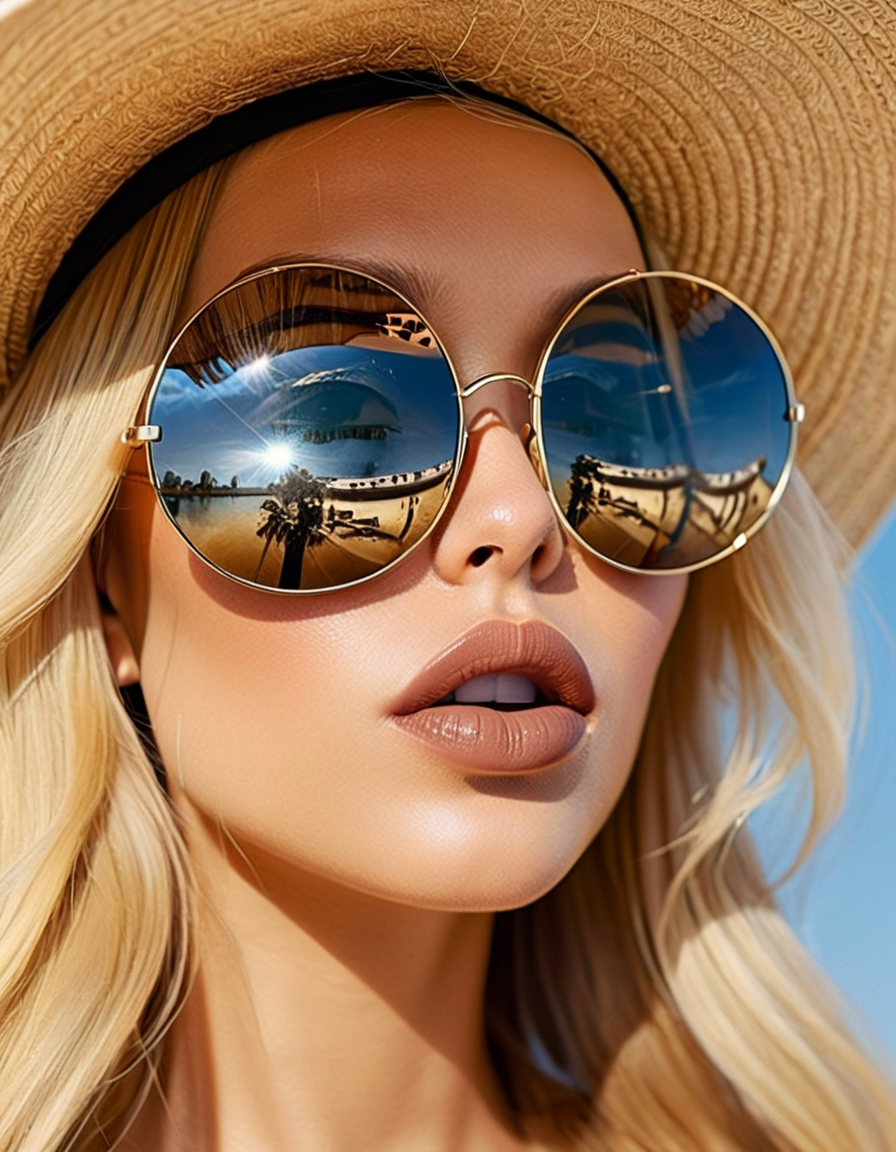 RealVisXL V4.0 prompt: close-up photograph of a woman wearing large circular sunglasses, highly reflect...