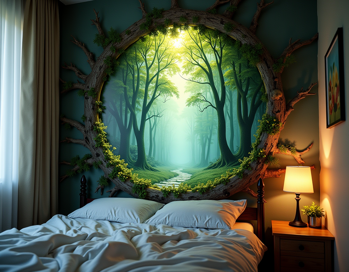 FLUX prompt: a portal into a mythical forest on the wall of my small messy bedroom