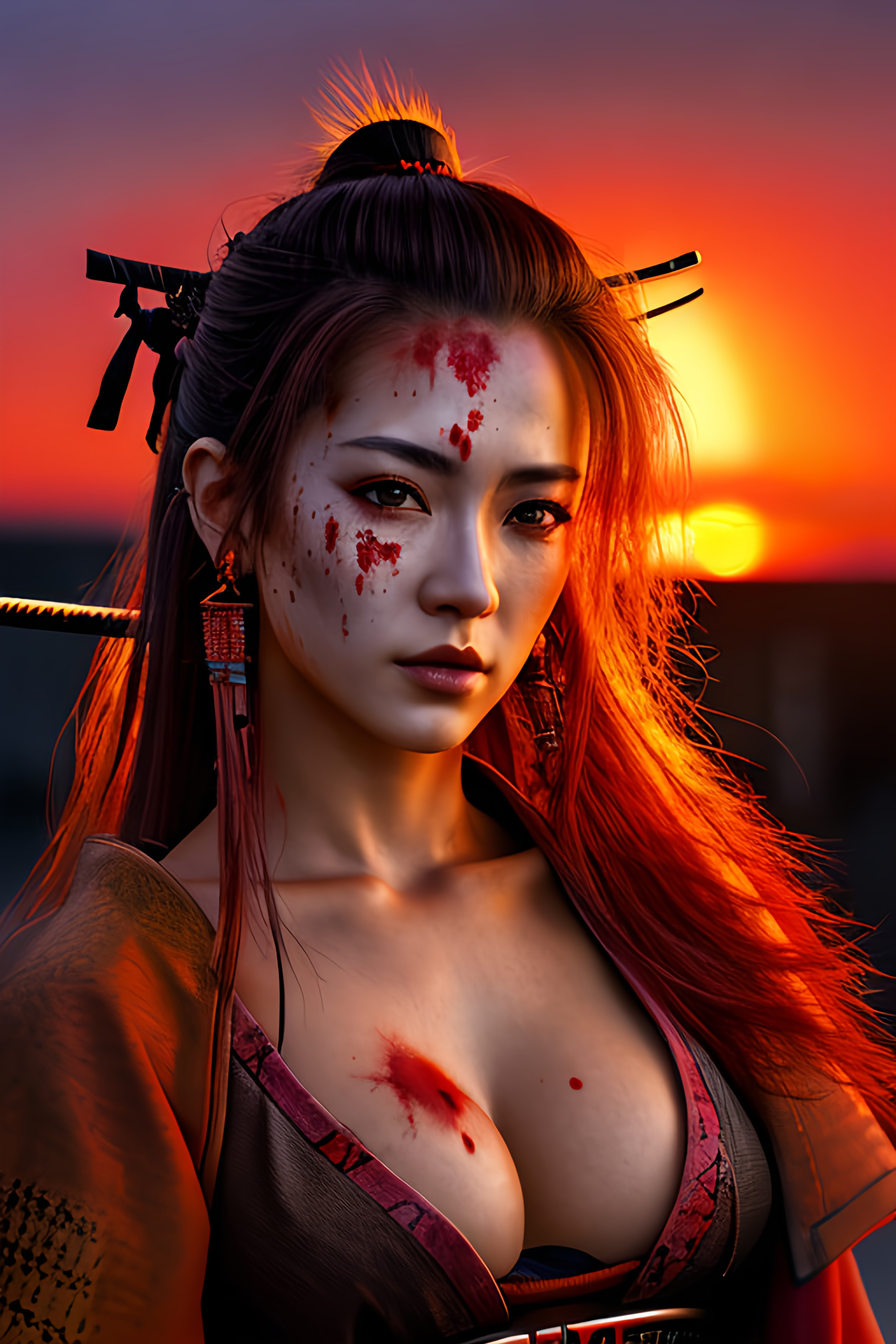 Stable Diffusion prompt: A portrait of a female Samurai, long straight hair in a topknot, wearing traditi...