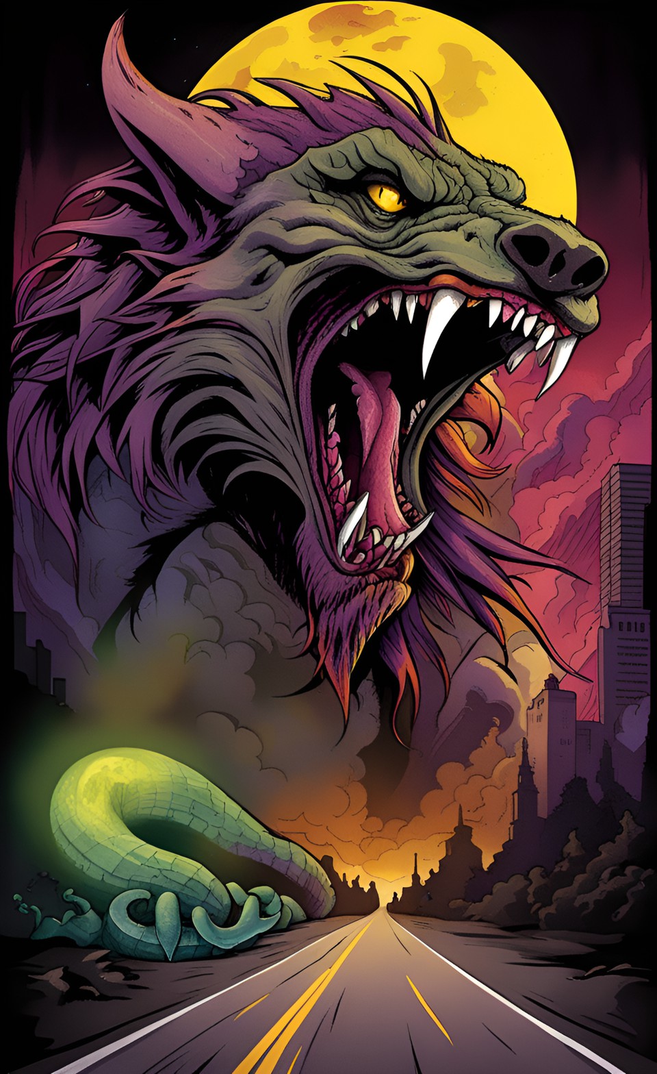 Stable Diffusion prompt: A poster of an ethereal werewolf serpentine type creature, born out of the shado...