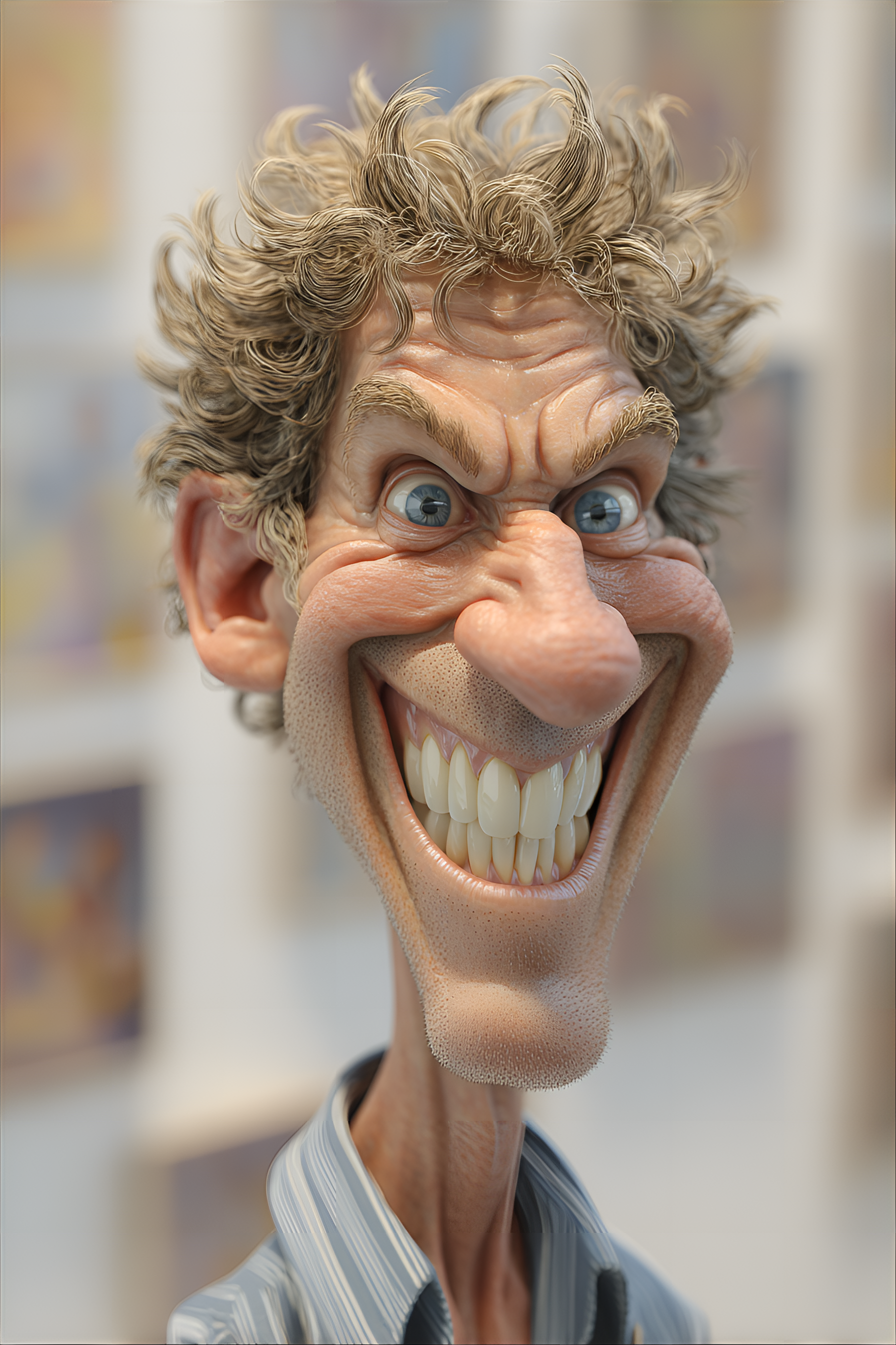 Midjourney prompt: funny caricature, exaggerated cartoon human, male, 40 years old, wild-haired, bi...