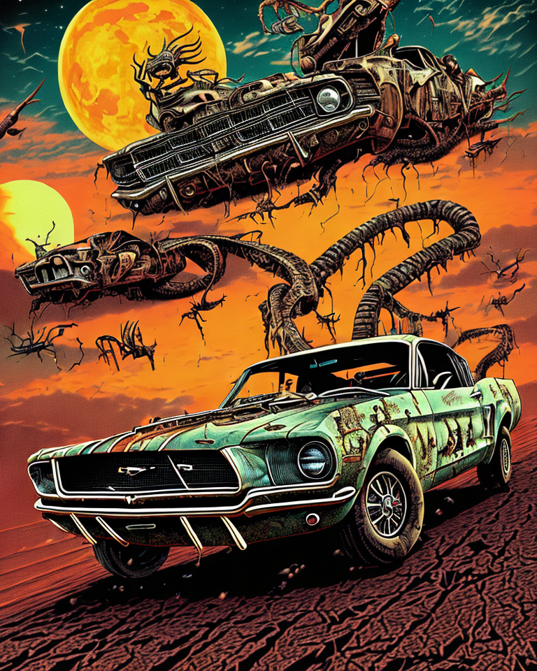 Openjourney prompt: A retro Horror Comic style poster, of a post apocalyptic universe, in a prehisto...