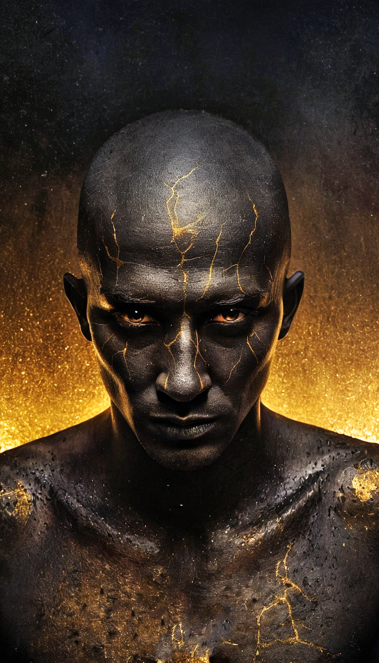 Stable Diffusion prompt: Close up portrait of bald man warrior in style by Ben Templesmith with glitter g...