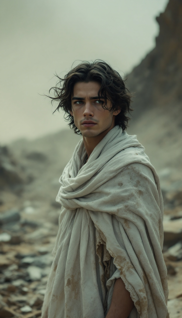 FLUX prompt: A cinematic dolly-out shot of a young man with a soft Sufi-style white robe, sta...