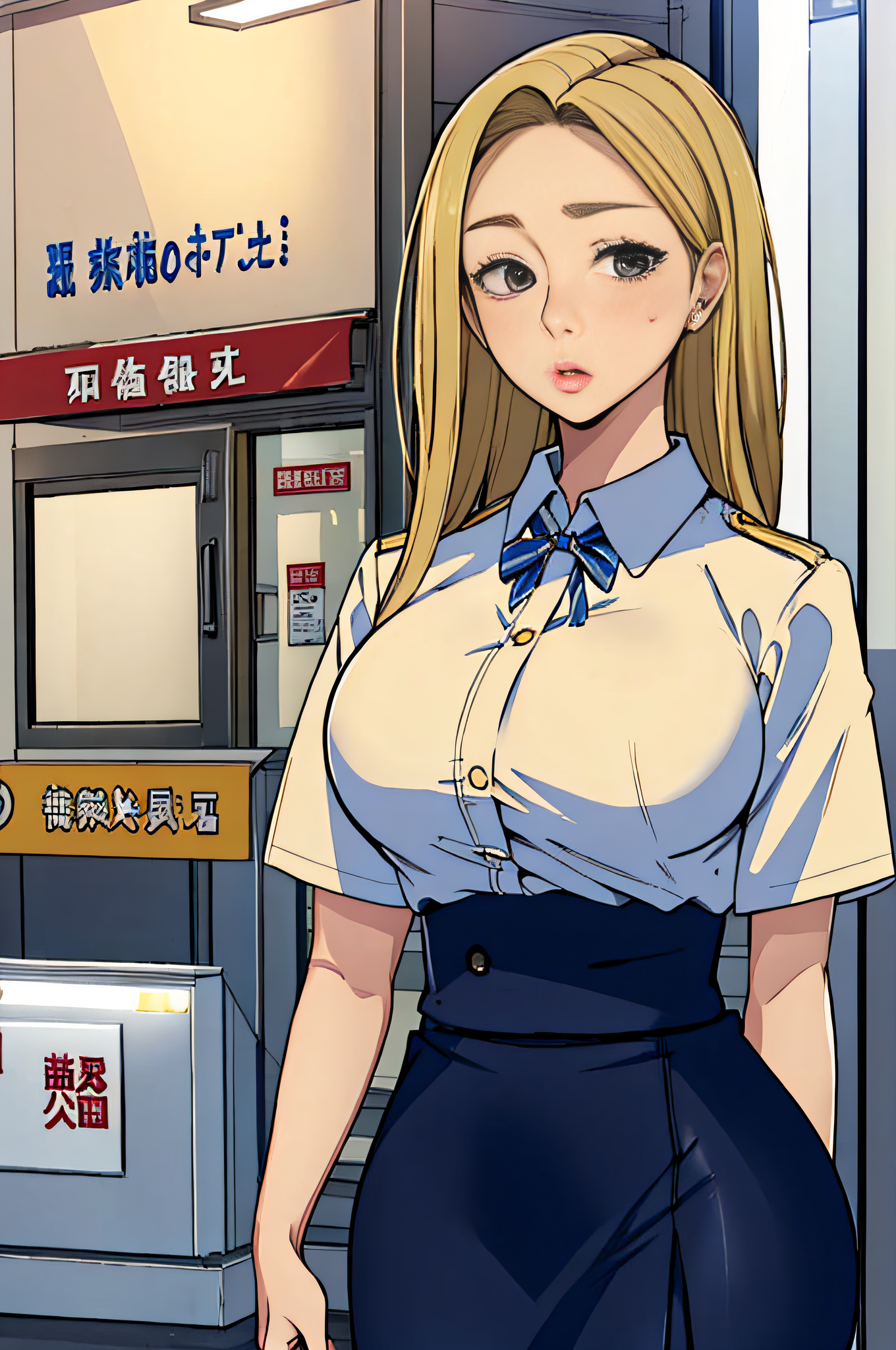 Deliberate prompt: masterpiece, best quality, upper body, woman, pureerosface_v1, blonde hair, offi...