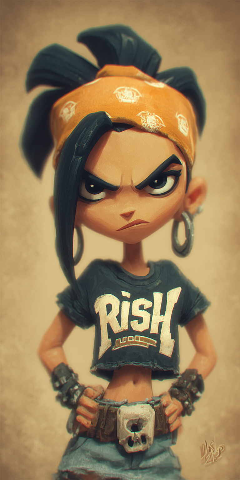 Midjourney prompt: a dark-haired girl, gothcore, zbrush, character caricatures --chaos 75 --ar 1:2 ...