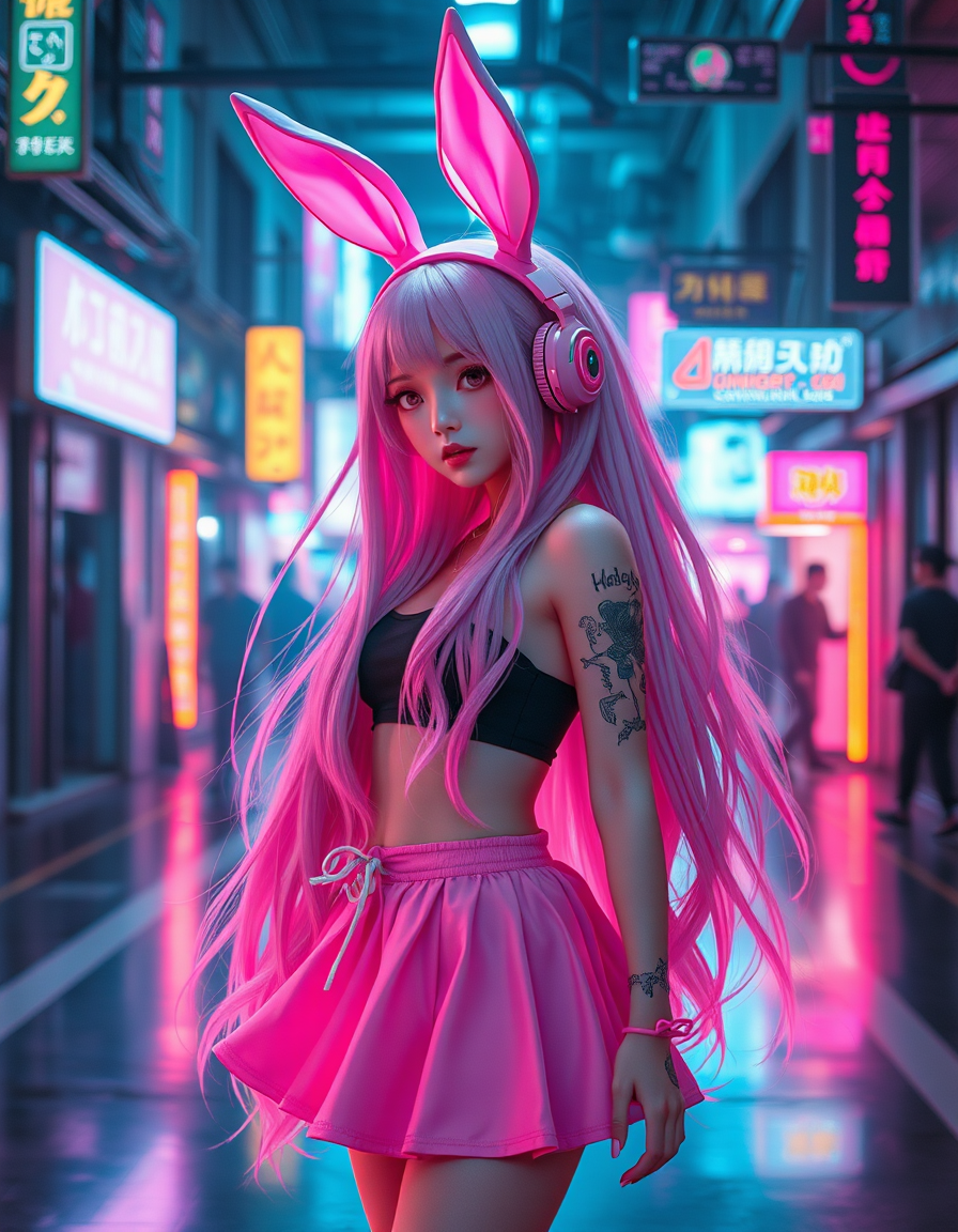 FLUX prompt: The pink bunny girl in the cyber world is a cyberpunk (full body photo), with be...
