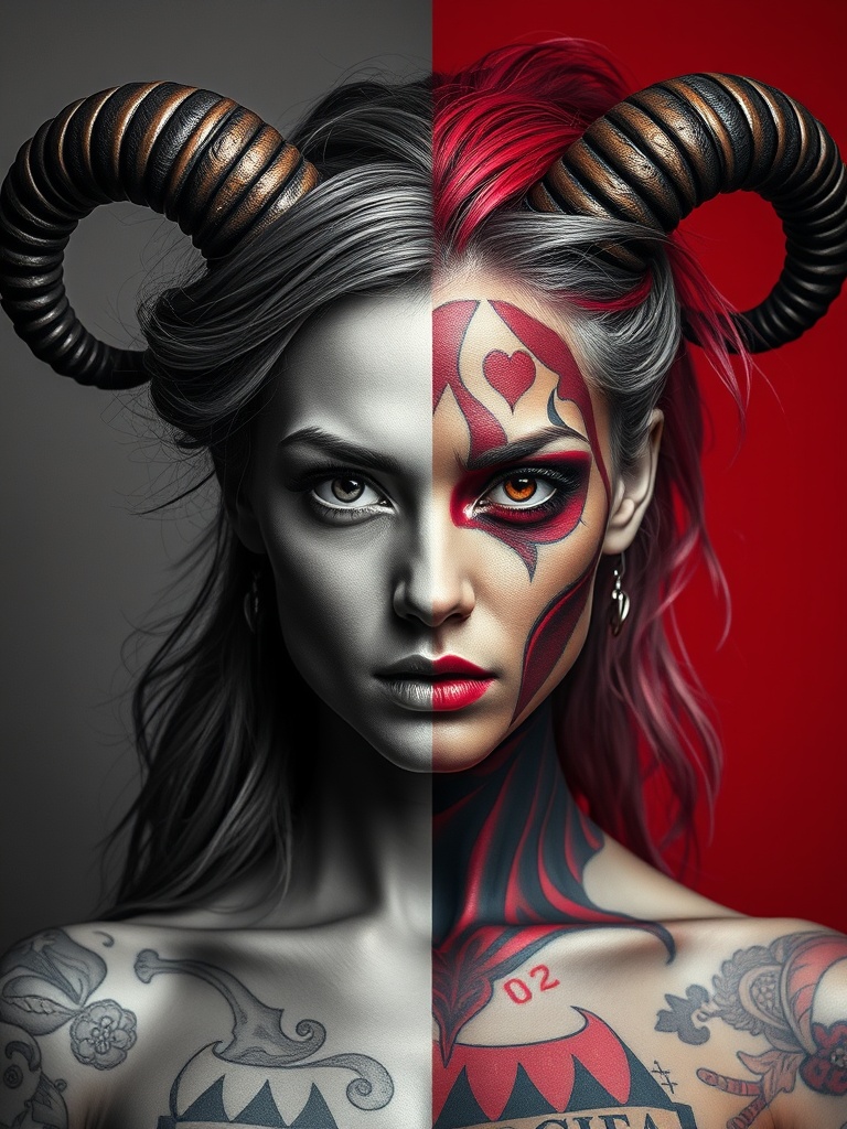 FLUX prompt: A portrait of a woman with horns, split into two contrasting halves. One side is...