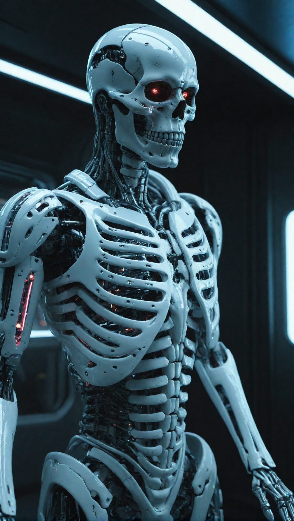 epiCRealism prompt: Ultra-detailed cyborg in a spaceship, with anthropomorphic cybernetic skeleton e...