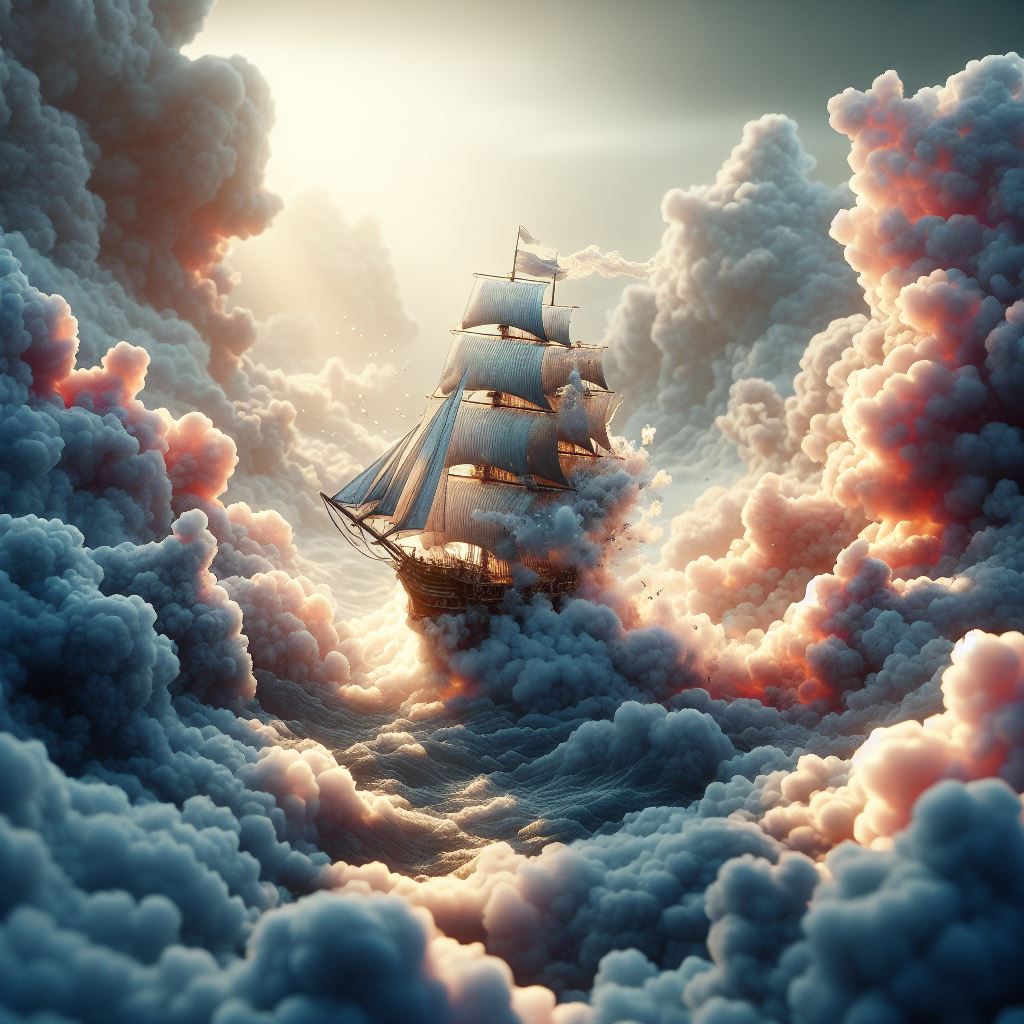 DALL·E prompt: Create a visual depicting the Merry sailing on a sea of clouds. Use digital art ...