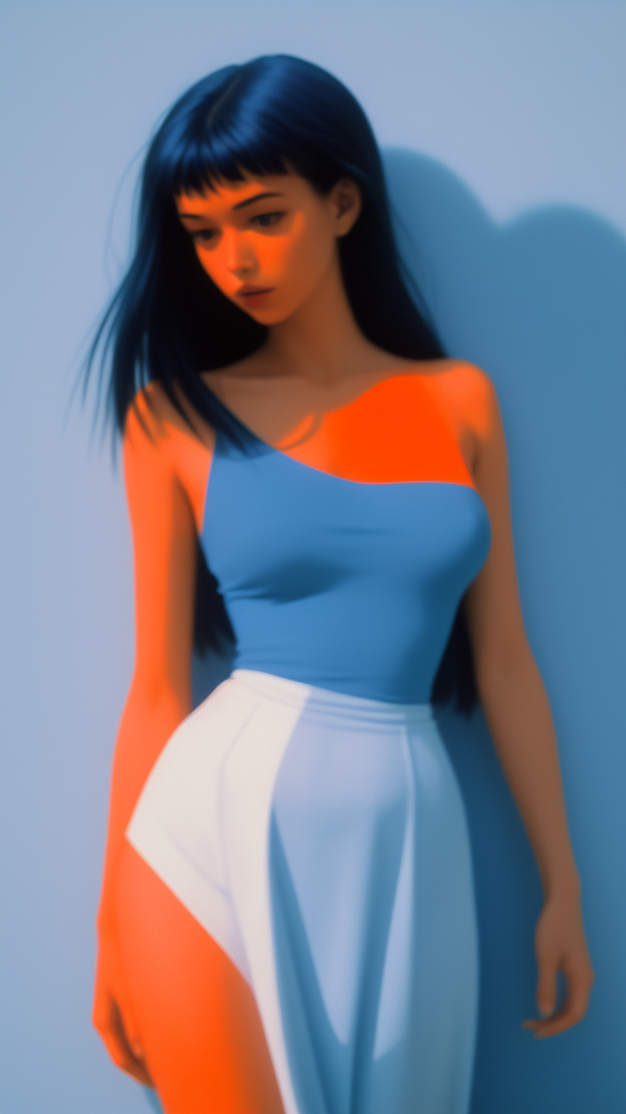 DreamShaper prompt: 35mm film minimal dream aesthetic blue and orange flawless female art