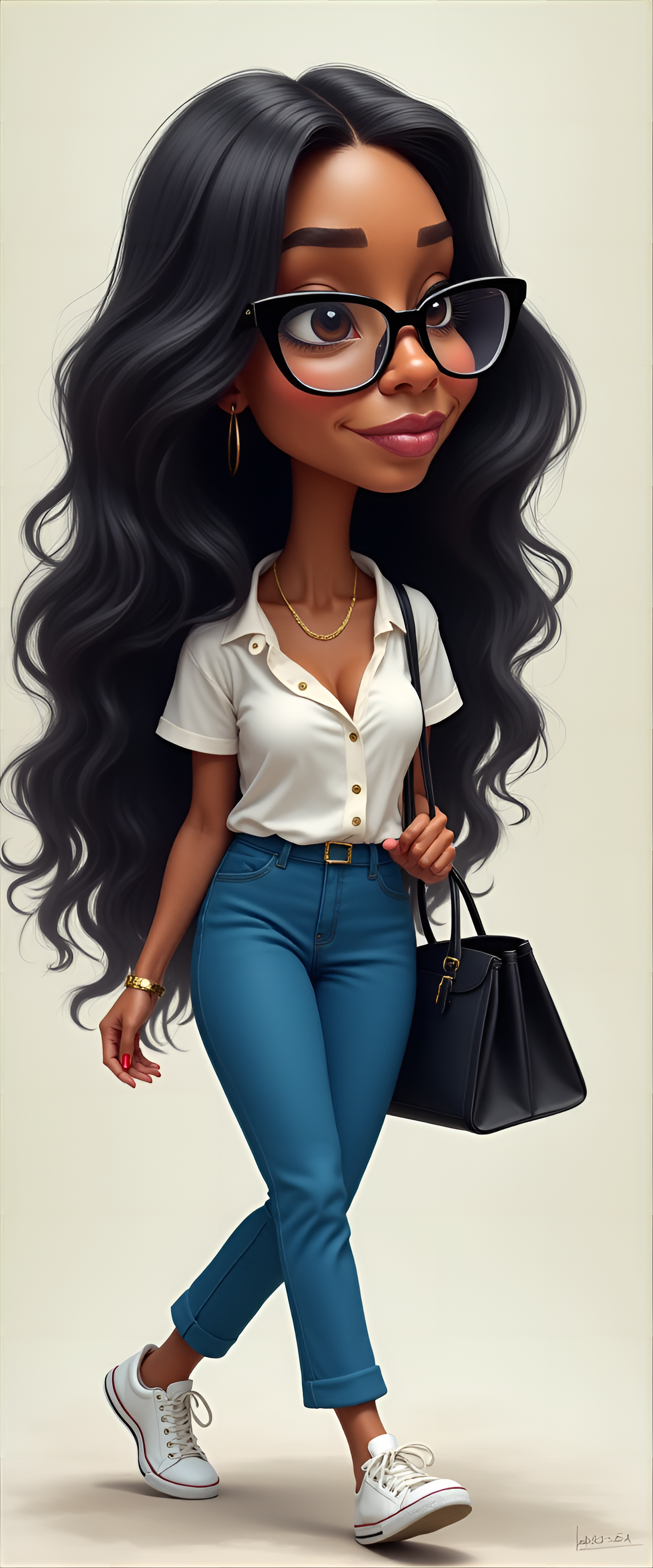 FLUX prompt: funny caricature, trendy woman character caricature, mature african-american fem...