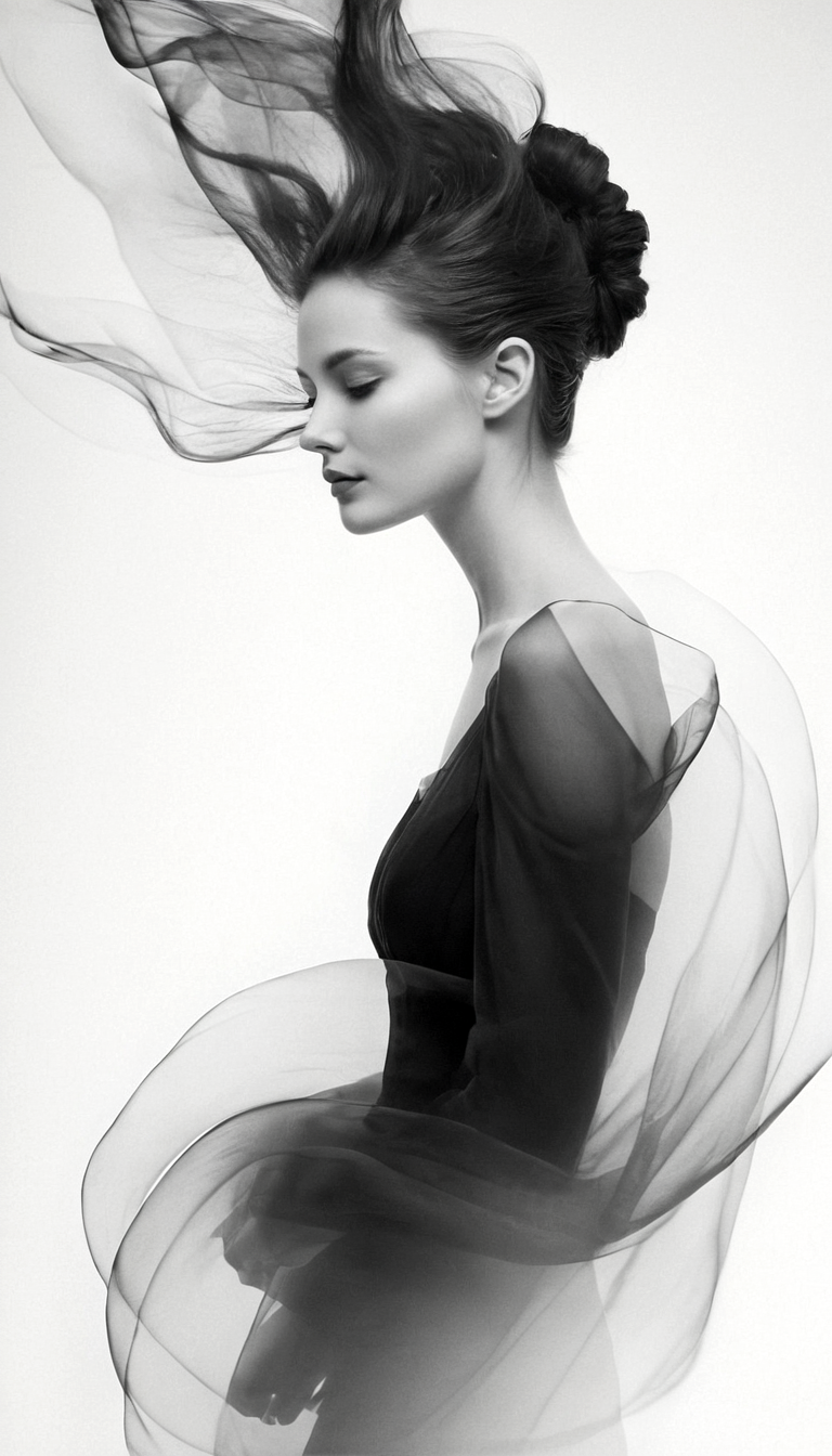 Stable Diffusion prompt: black and white photography, fashion editorial, a silhouette of woman with abstr...