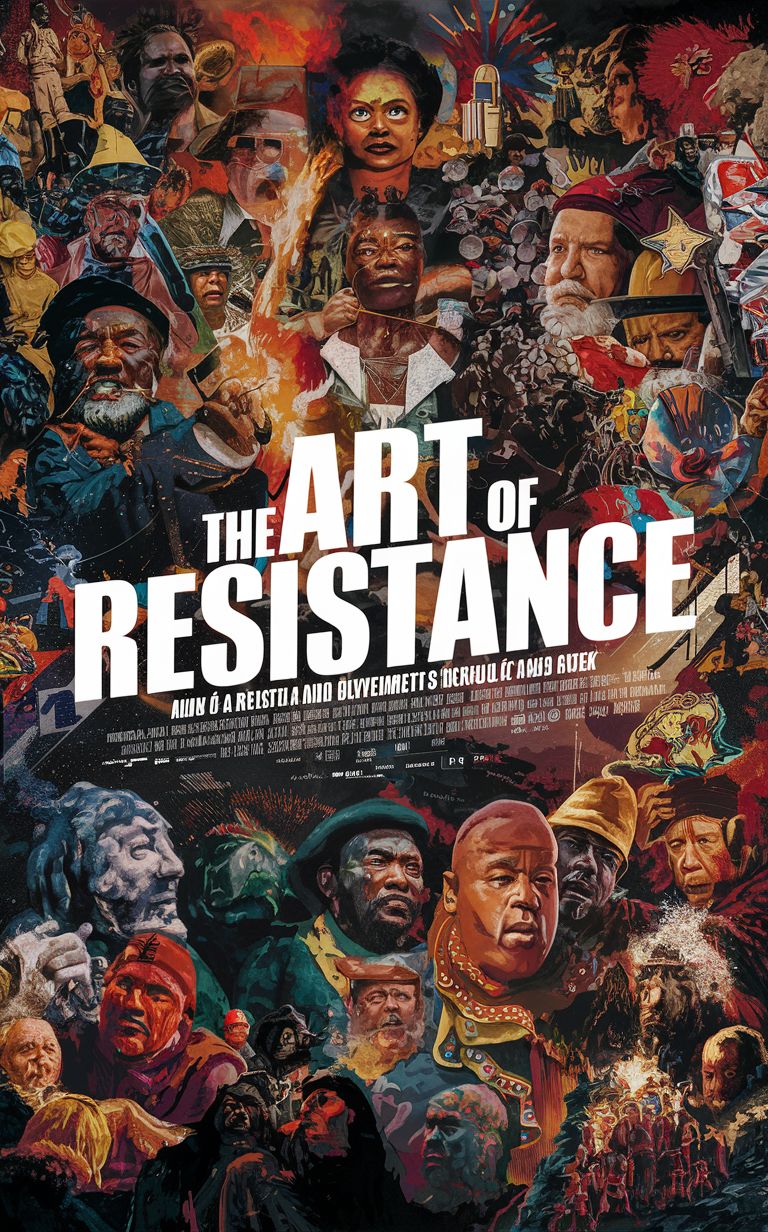 DALL·E prompt: A striking movie poster for "The Art of Resistance" features a diverse group of ...