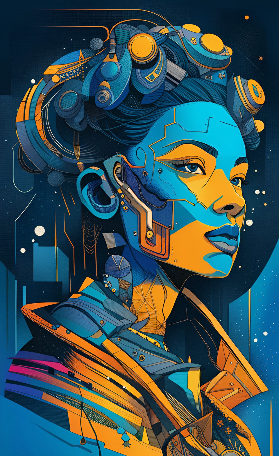 Stable Diffusion prompt: Incredible digital line poster art of a mechanical synthetic humanoid android, s...