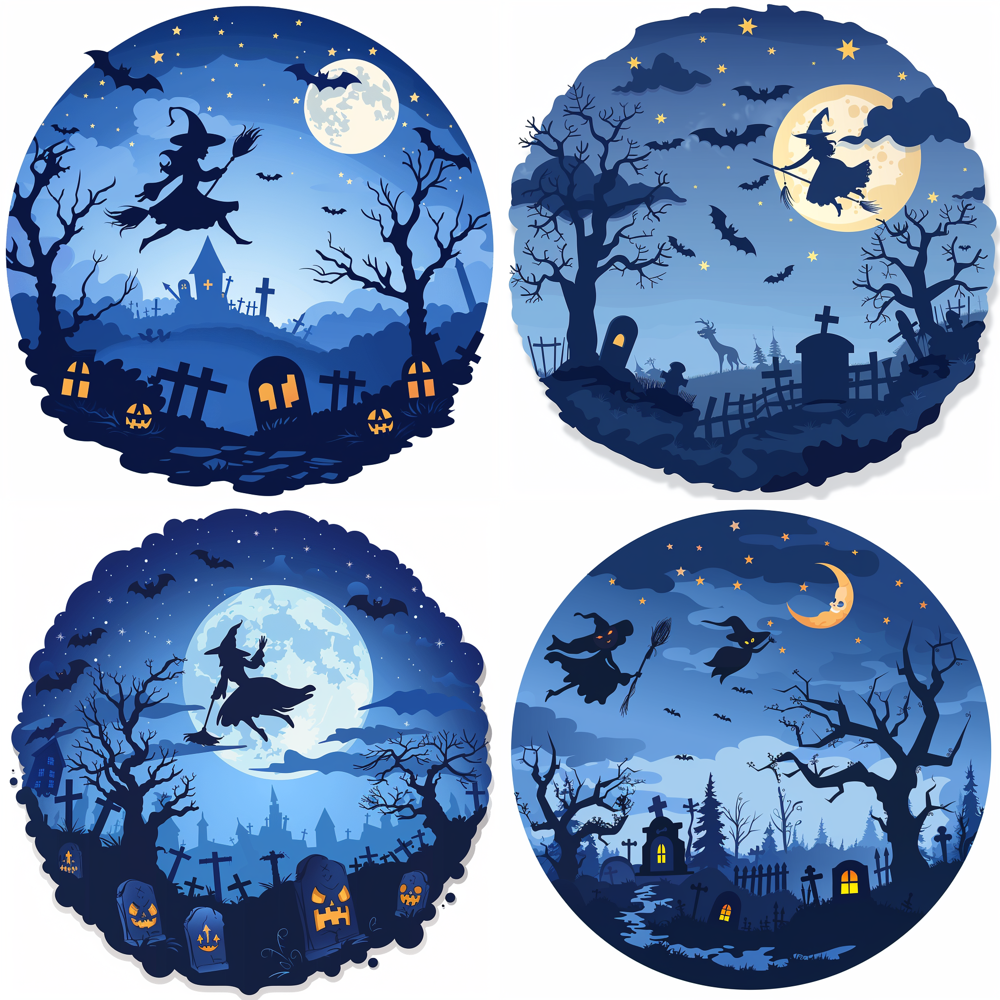Midjourney prompt: round clipart, silhouette of witch flying on broom over graveyard with moon and ...