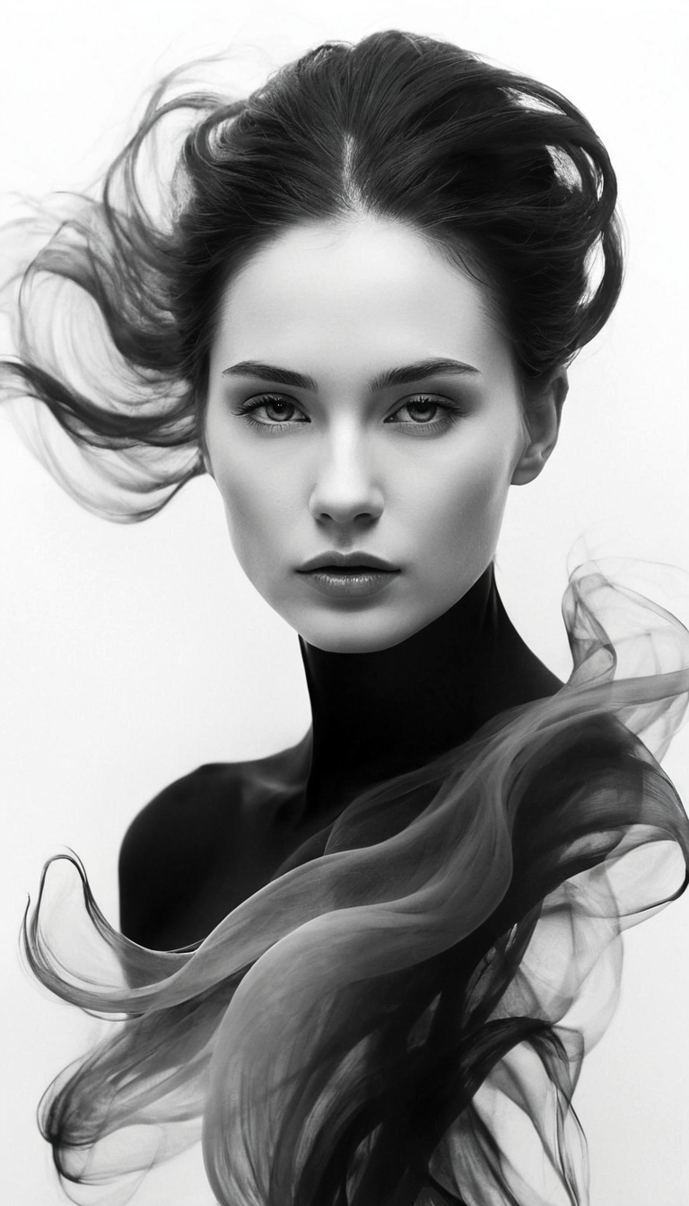 Stable Diffusion prompt: black and white photography, fashion editorial, a silhouette of woman with abstr...