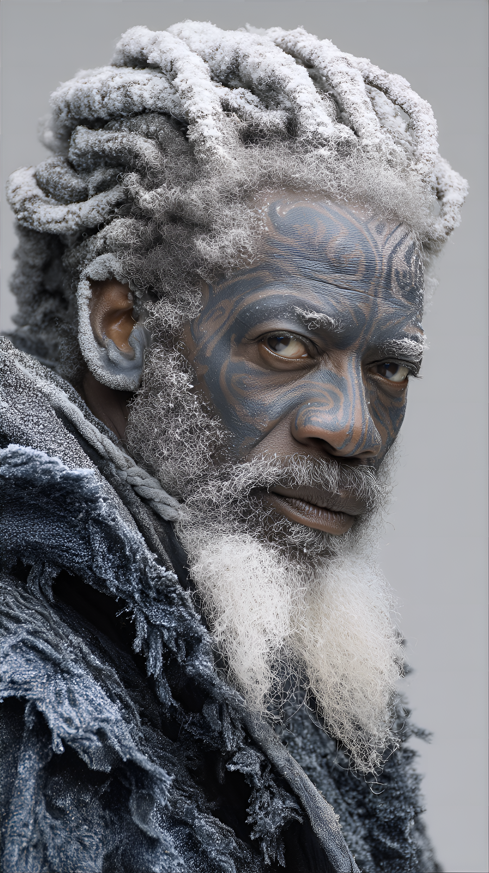 Midjourney prompt: Mature Black man, 50s-60s, with intricately patterned dark gray/black markings o...