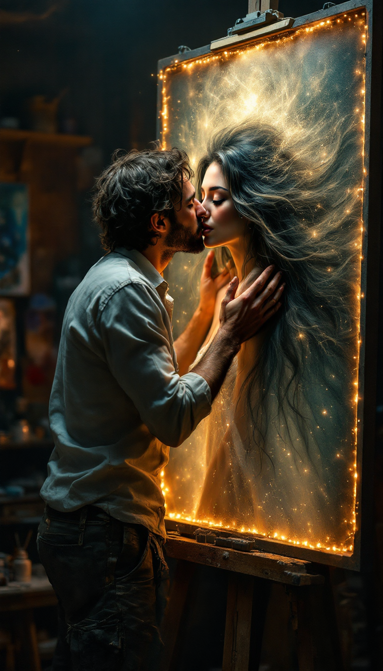 FLUX prompt: A passionate, surreal moment in an artist’s studio where a rugged male painter, ...