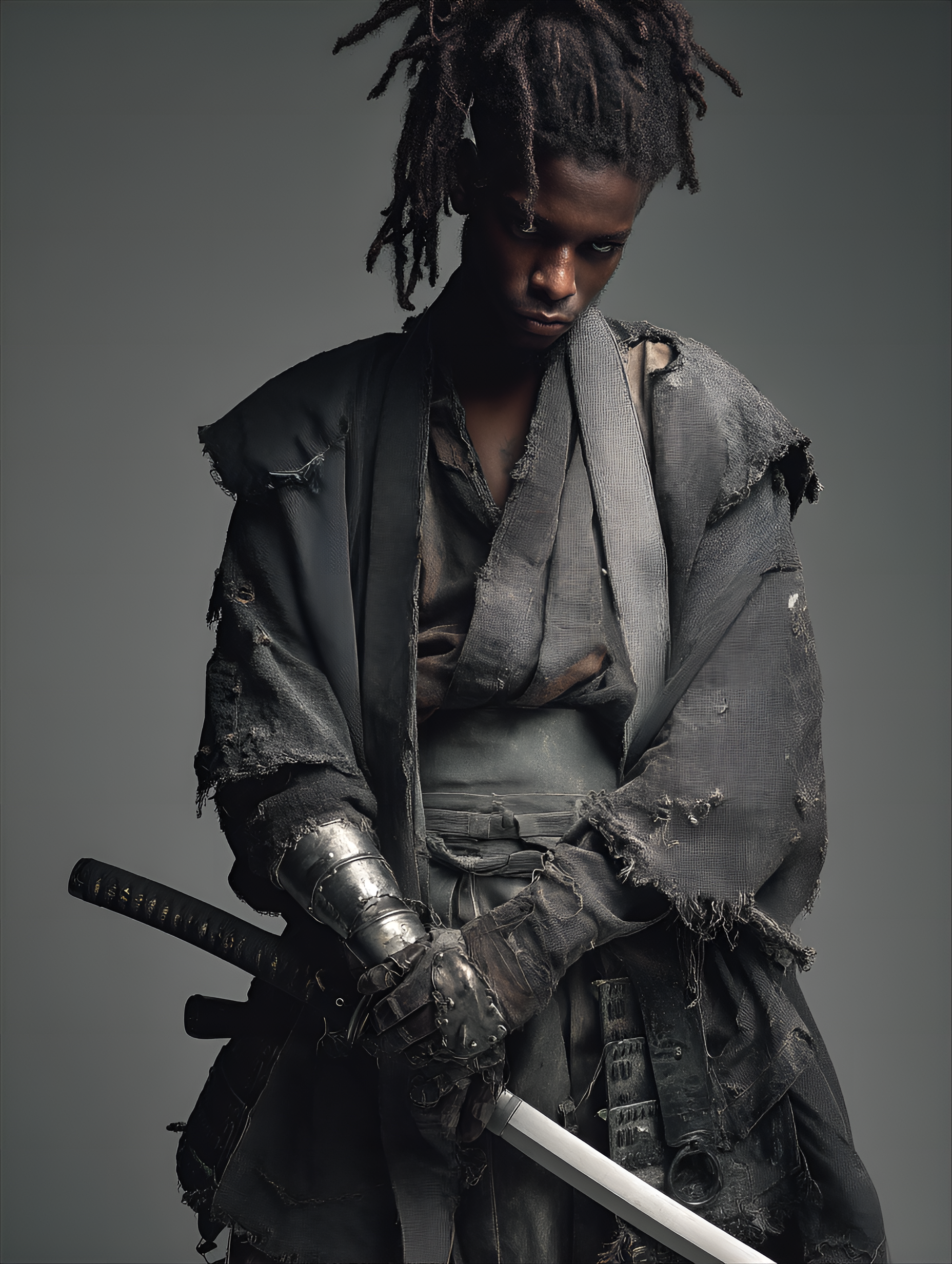 Midjourney prompt: Dark-skinned male figure, young adult, with dreadlocks, in a distressed, worn, d...
