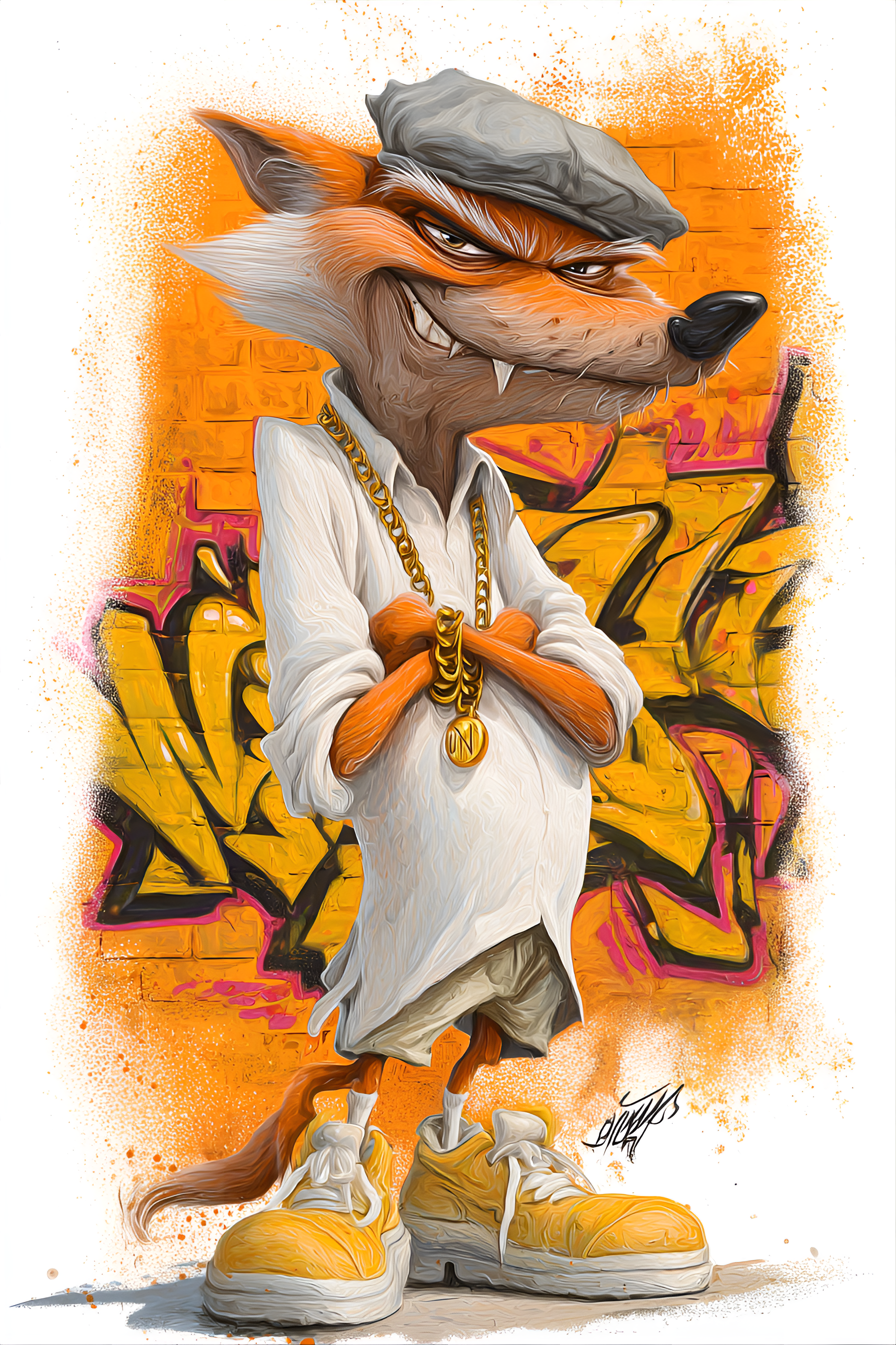 Midjourney prompt: funny caricature, gangster fox character caricature, elderly european male, 67 y...