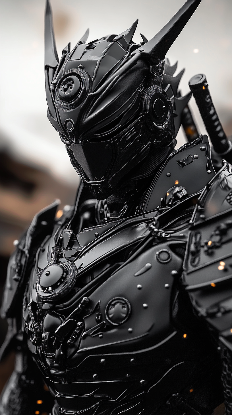 Midjourney prompt: samurai relaistic , japanese style, robotic, scifi, high detailed, black and Cle...