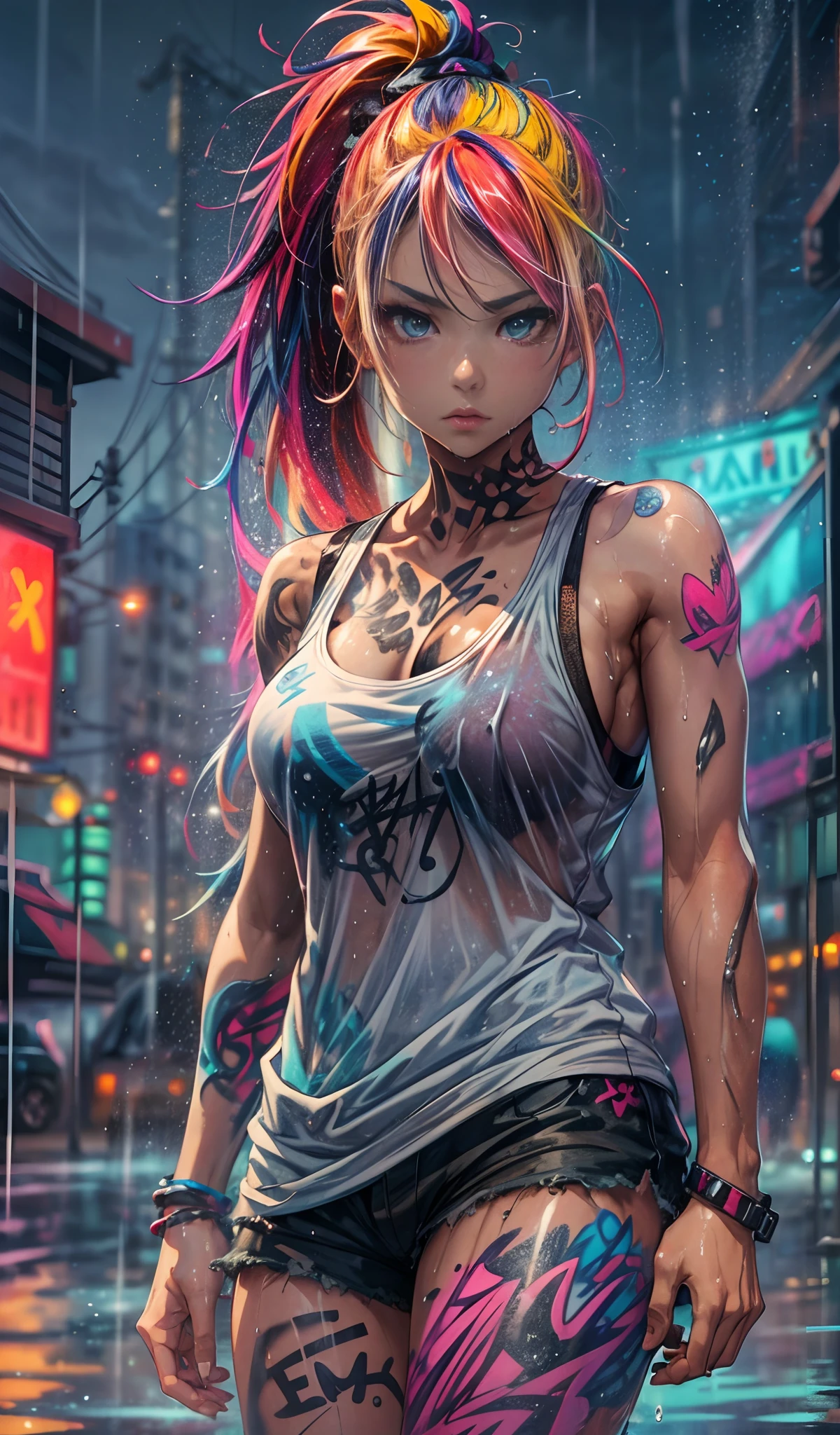 Stable Diffusion prompt: masterpiece, concept art, centered, wide shot, front view, 1girl, wet, (rain, ni...