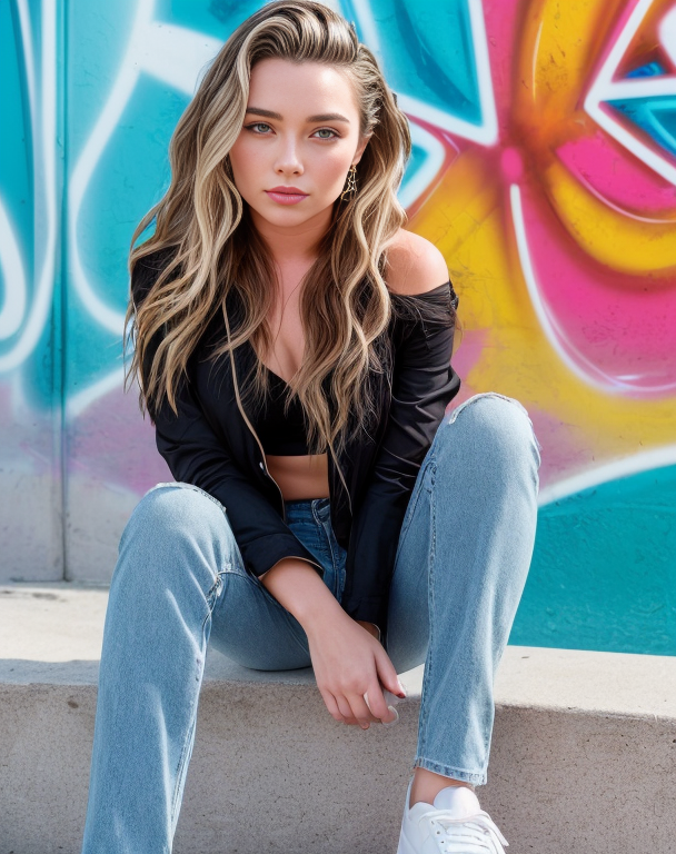 Deliberate prompt: FlorencePugh3 Half-Up Half-Down: black hair This versatile hairstyle allows you ...