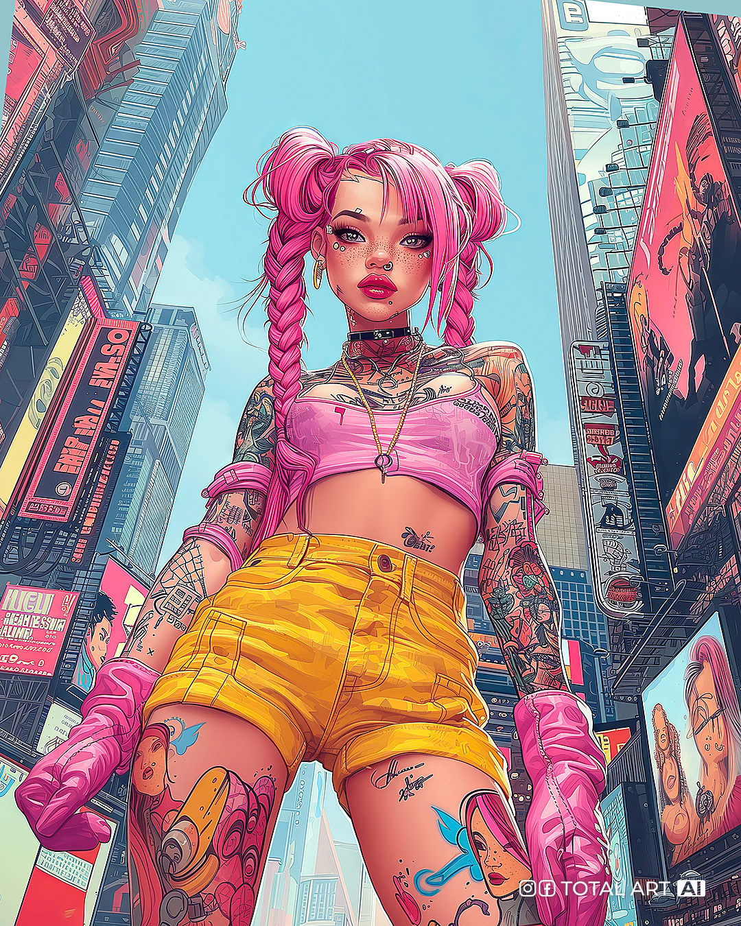 Midjourney prompt: Realistic comic book illustration of young beauty European girl with pink hair w...