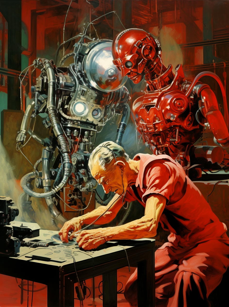 Midjourney prompt: Vintage pulp illustration of two men working on an alien robot in a sci-fi setti...