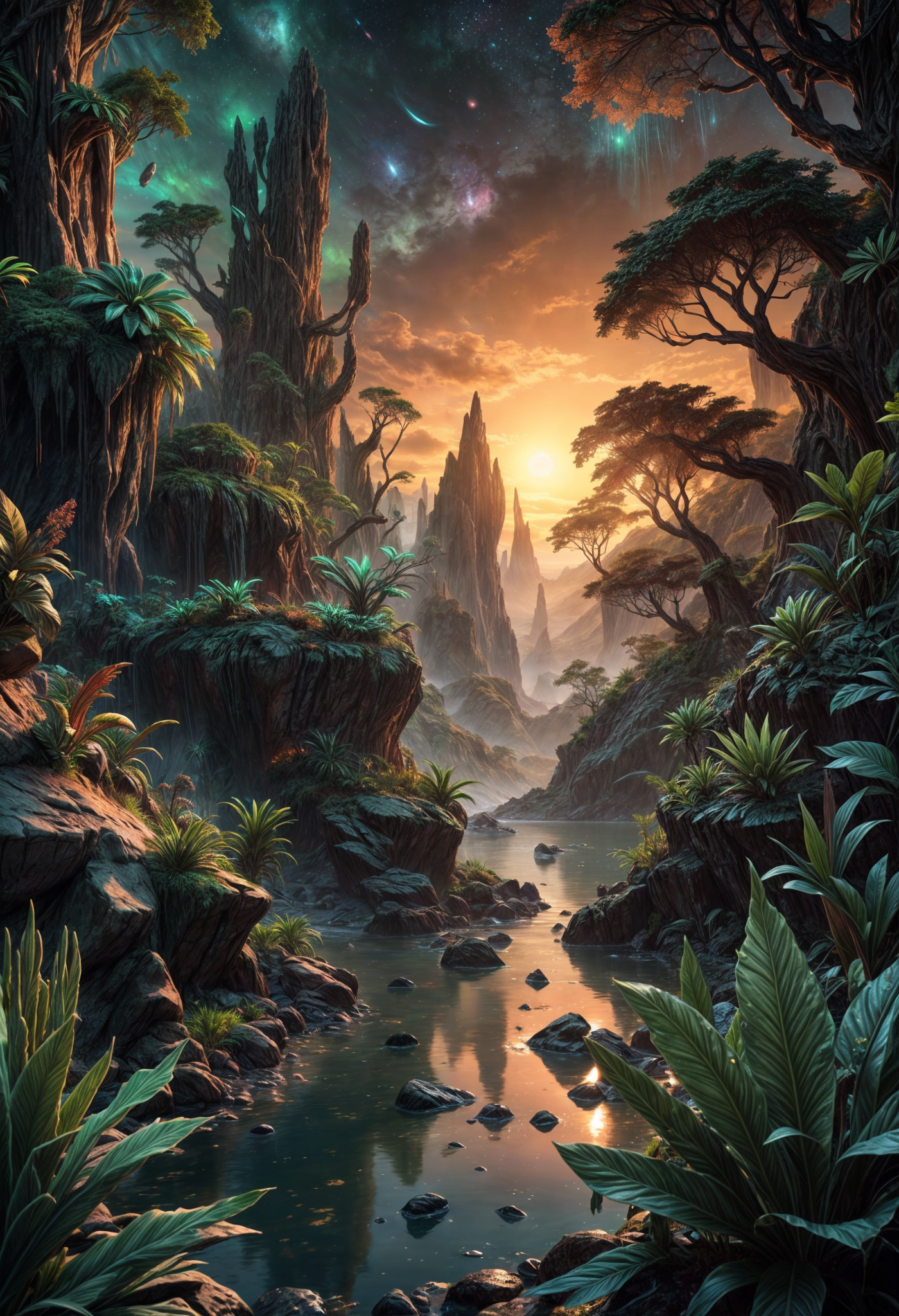 Stable Diffusion prompt: Fantasy landscape, dynamic lights, glowing emerald, nebulas, sunset,,8k photorea...