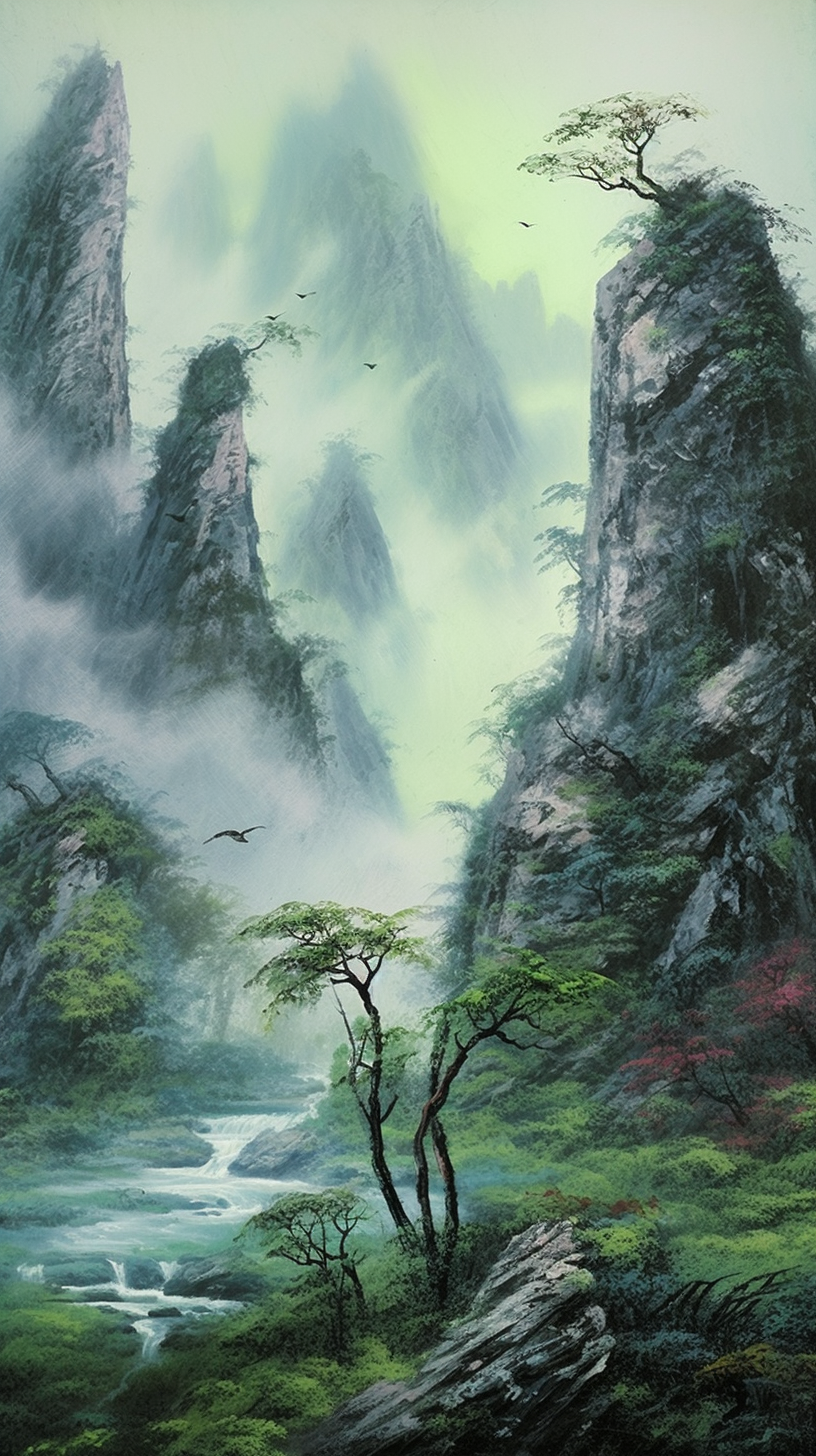 Midjourney prompt: An impressionistic design, Chinese mountain, dreamlike atmosphere, shaded by sof...