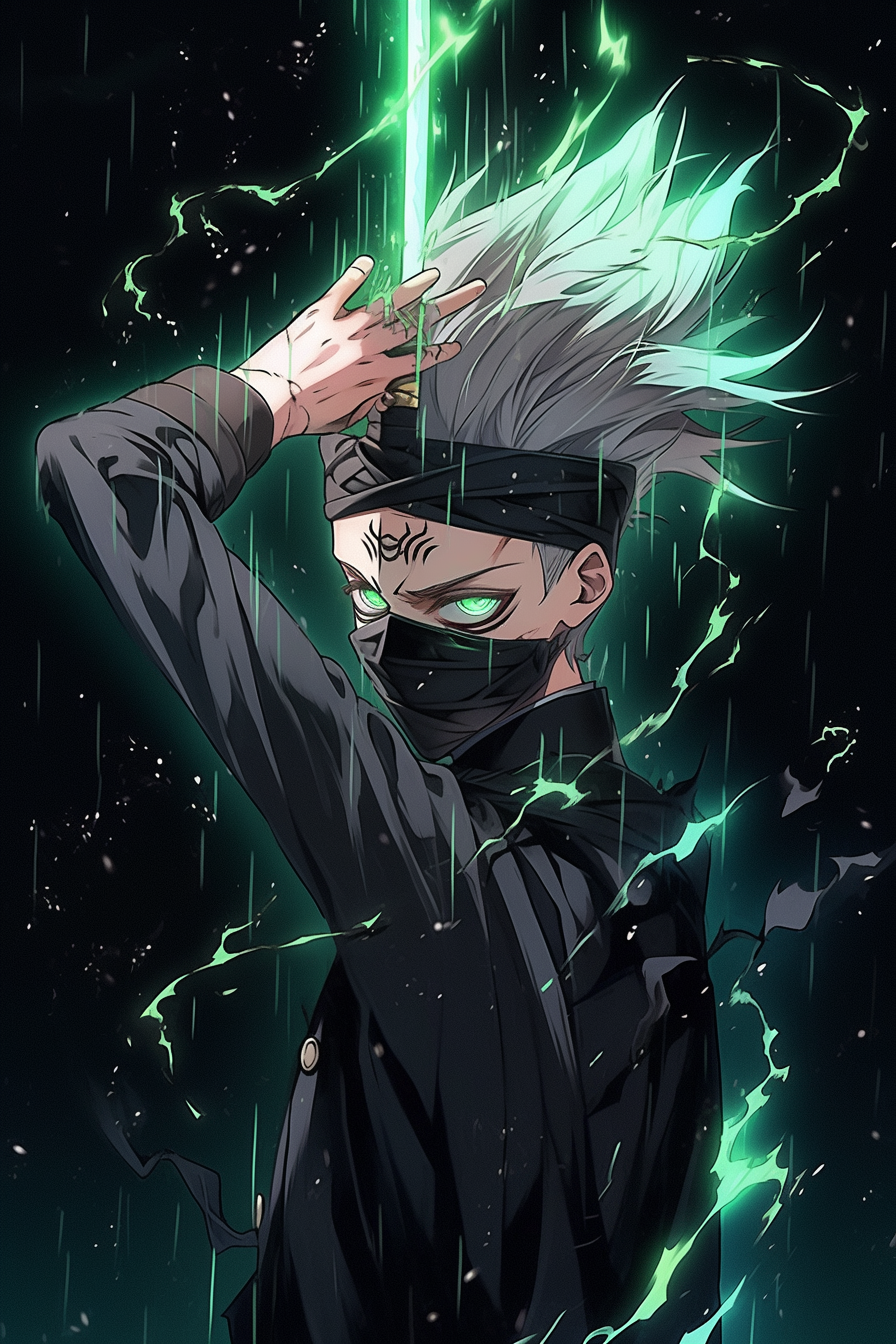 Midjourney prompt: A mischievous ninja in a sleek black outfit adorned with silver symbols, holding...