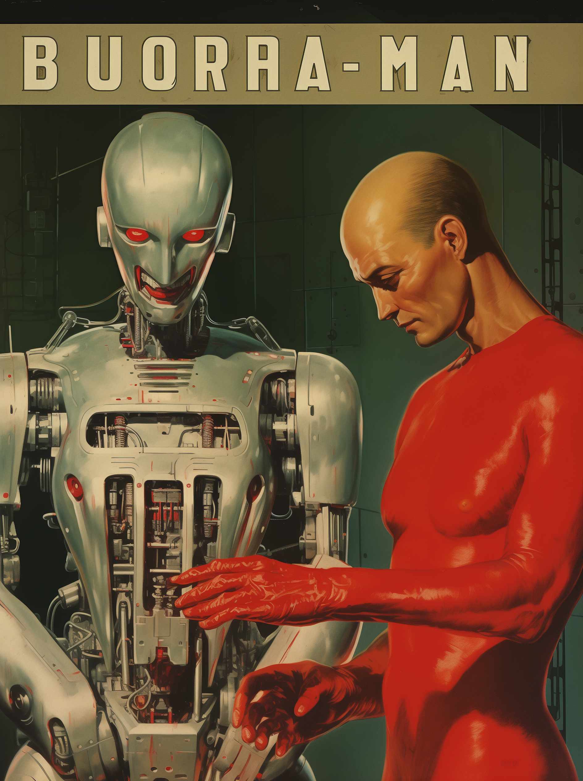 Midjourney prompt: A vintage pulp cover showing two men fixing a robot, with one man wearing a red ...